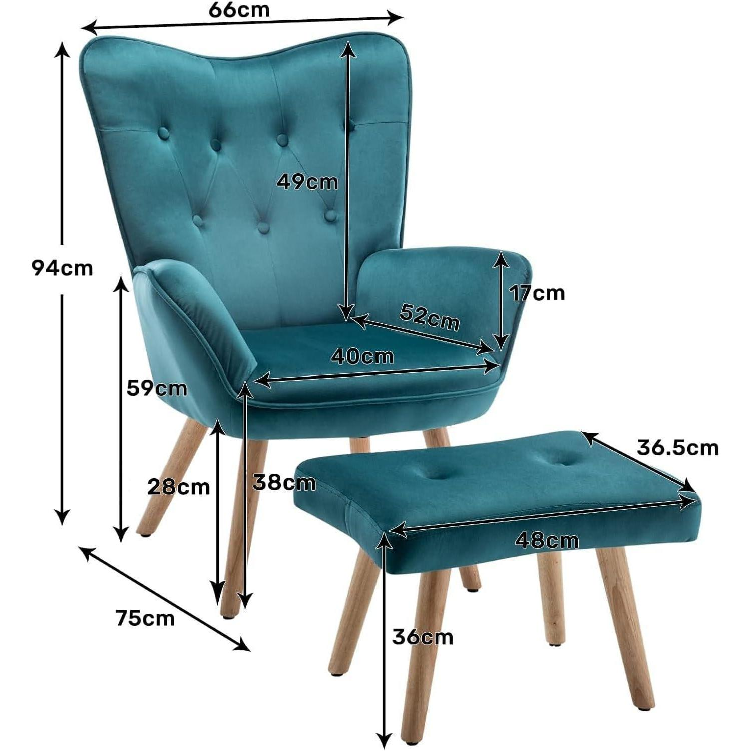 Poltrona orecchiona blu turchese con poggiapiedi ed etichette delle dimensioni in centimetri.