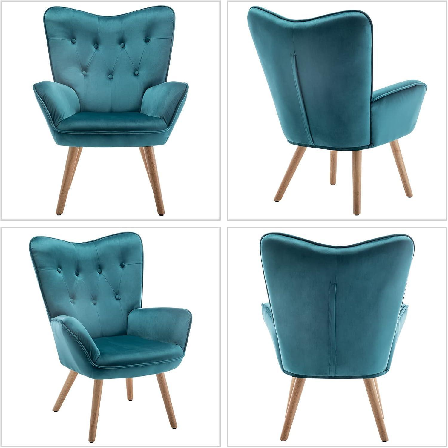 Quattro viste di una moderna poltrona in velluto blu con gambe in legno su sfondo bianco.