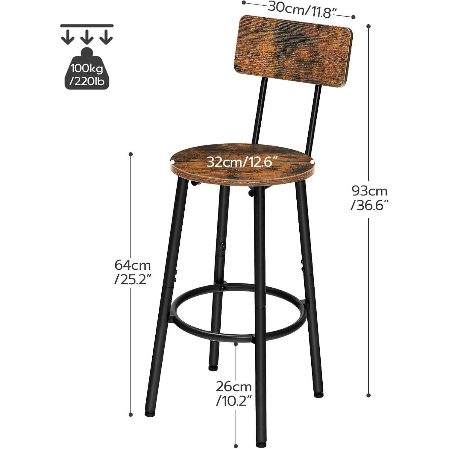 Sgabello da bar industriale in legno con struttura in metallo nero e dimensioni.