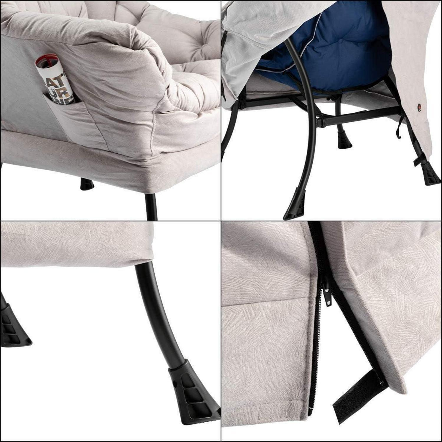 Quattro primi piani di una poltrona beige mostrano la tasca laterale, la struttura in metallo nero, le gambe e una cerniera.