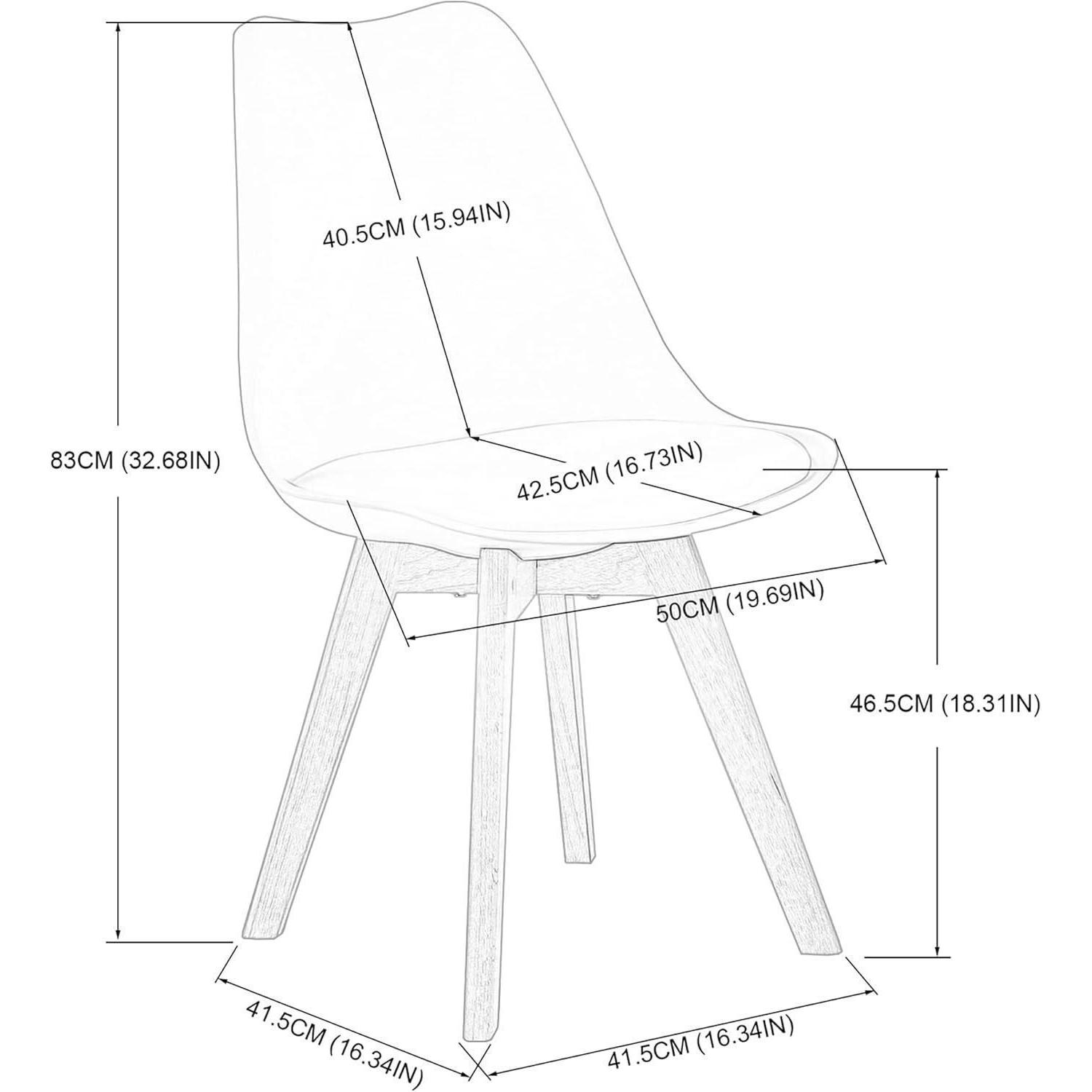 Disegno tecnico di una sedia moderna con dimensioni in centimetri e pollici su sfondo bianco.