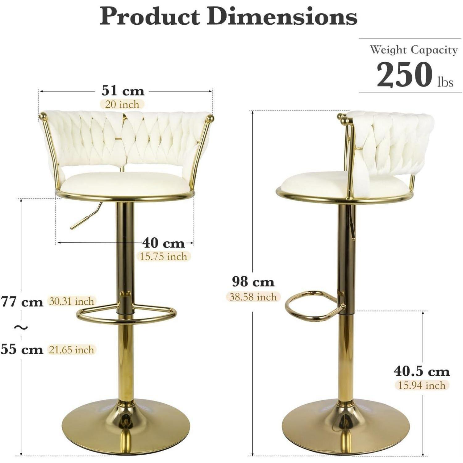 Diagramma delle dimensioni di uno sgabello da bar bianco con struttura dorata e portata di 250 libbre.