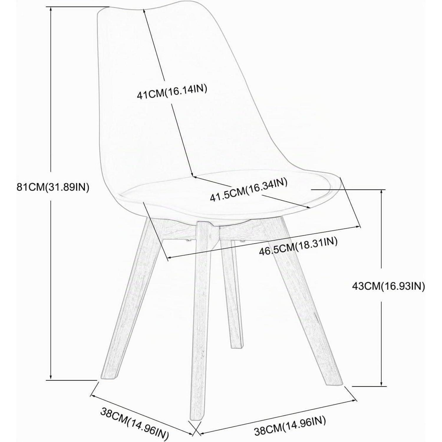 Disegno al tratto di una sedia moderna con gambe in legno e dimensioni in cm e pollici.