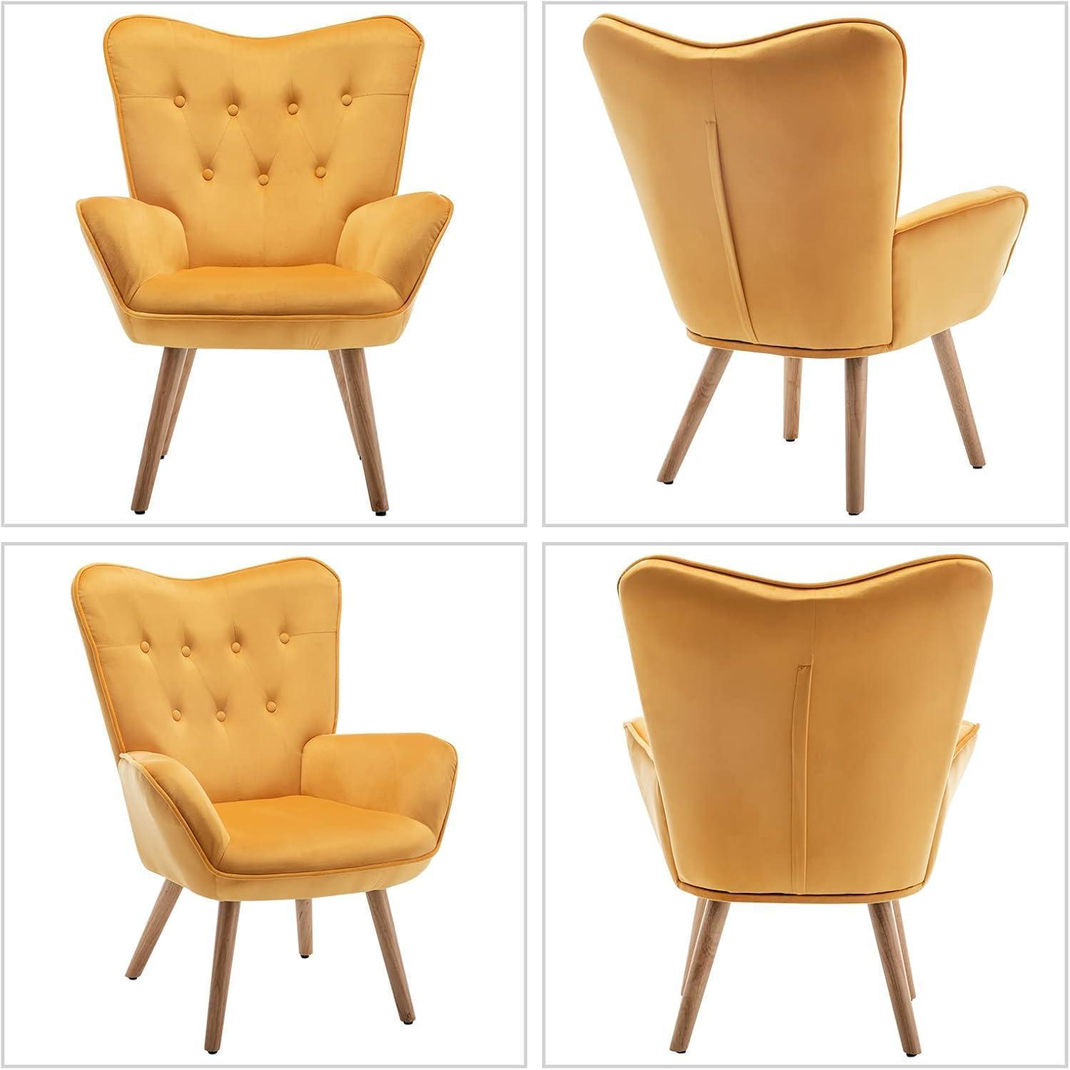 Quattro viste di una poltrona giallo senape con gambe in legno e capitonné.