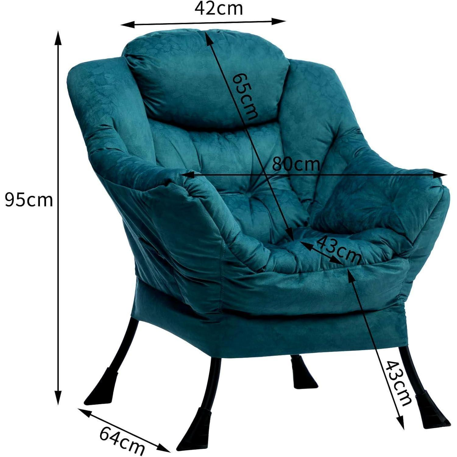 Poltrona verde acqua con gambe in metallo nero e misure in centimetri sovrapposte.