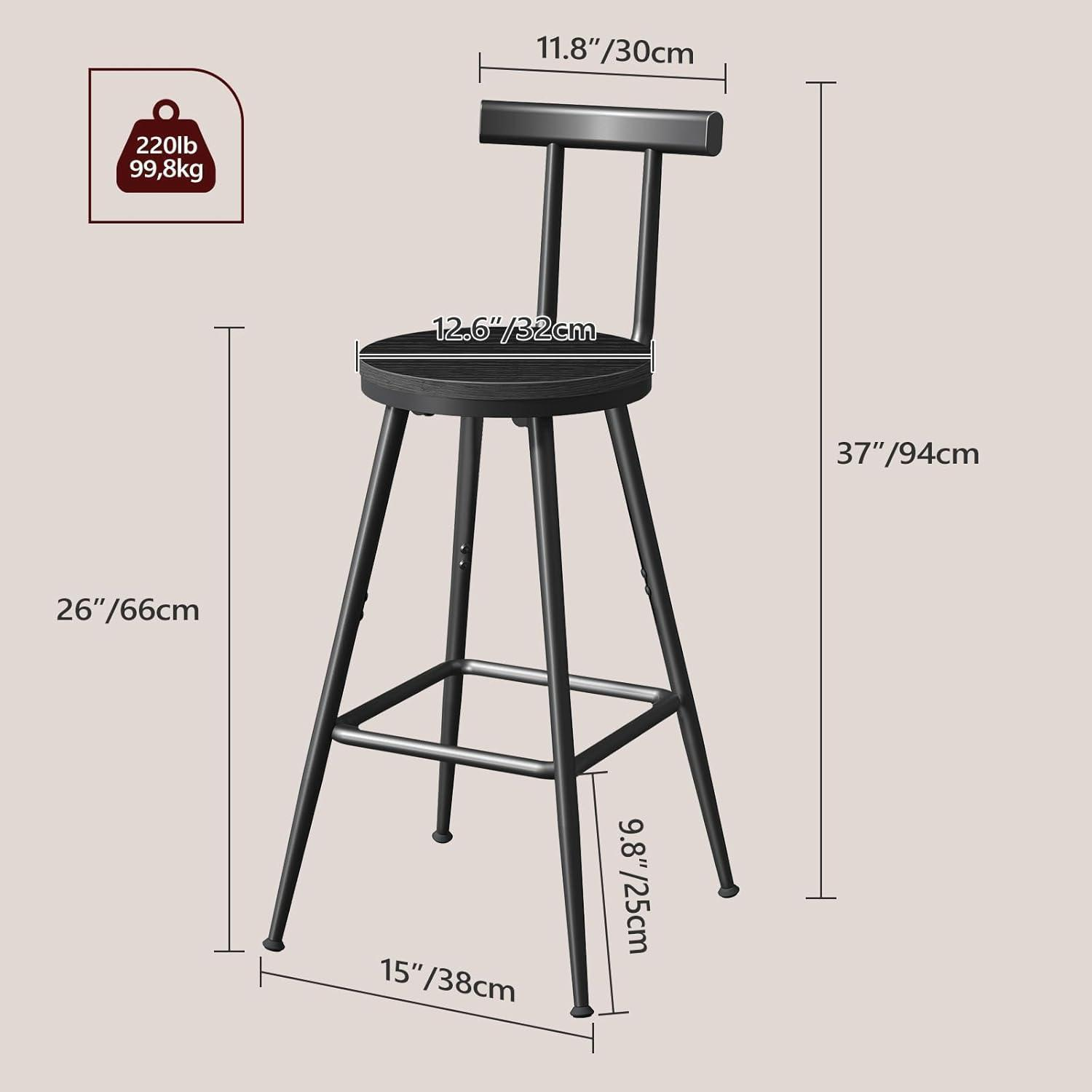 Disegno tecnico di uno sgabello da bar nero con misure dimensionali e limiti di peso.
