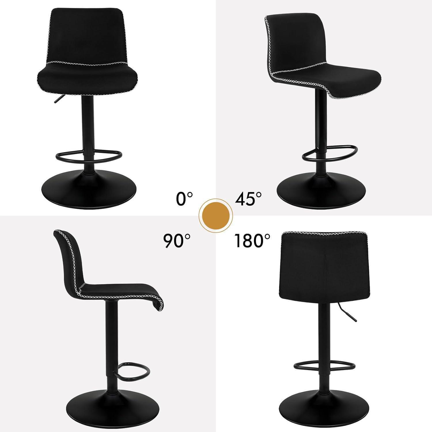 Quattro viste di uno sgabello da bar nero con cuciture bianche e base rotonda a 0, 45, 90 e 180 gradi.