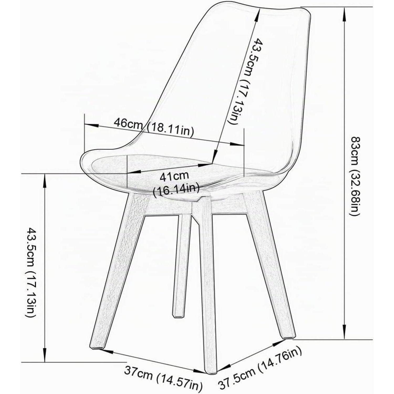 Disegno tecnico di una sedia moderna con dimensioni in centimetri e pollici.