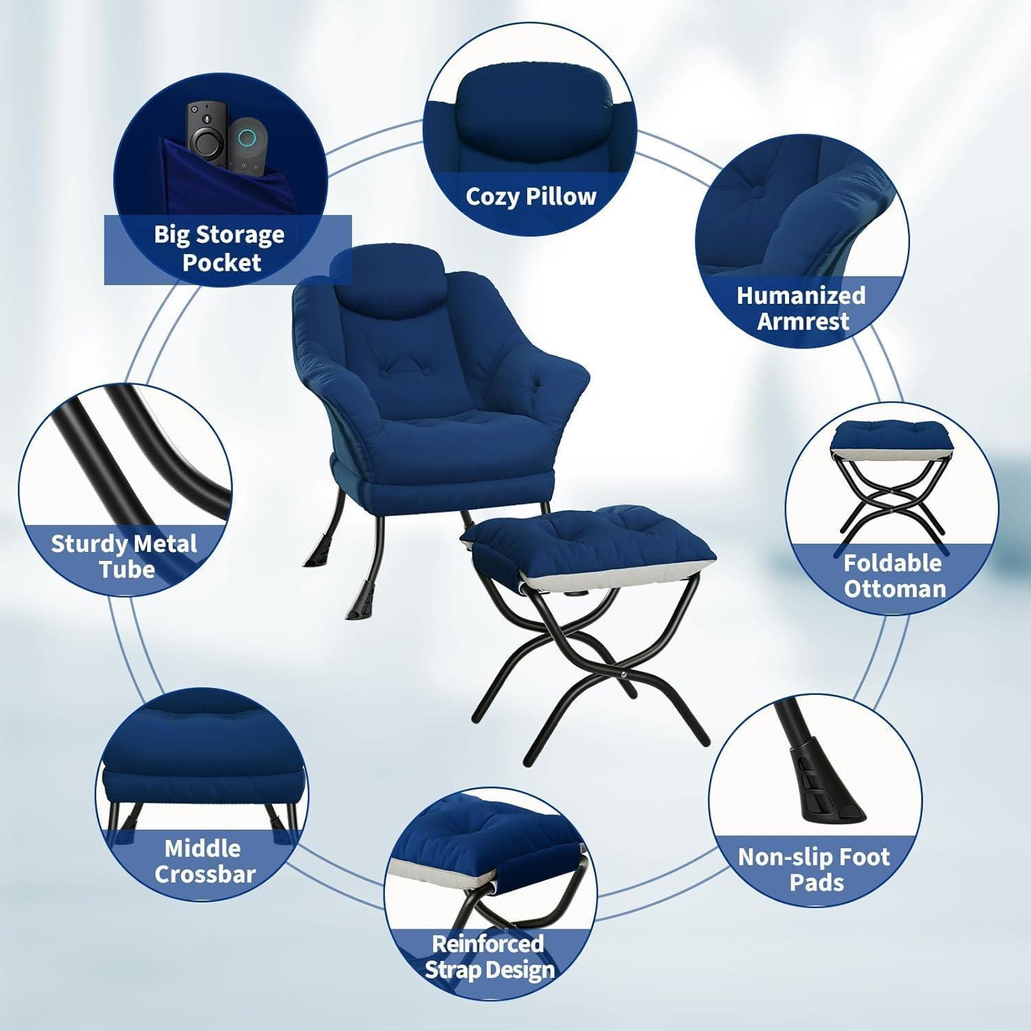 Una poltrona blu e un pouf con frecce che indicano tasche, tubi metallici e piedini.
