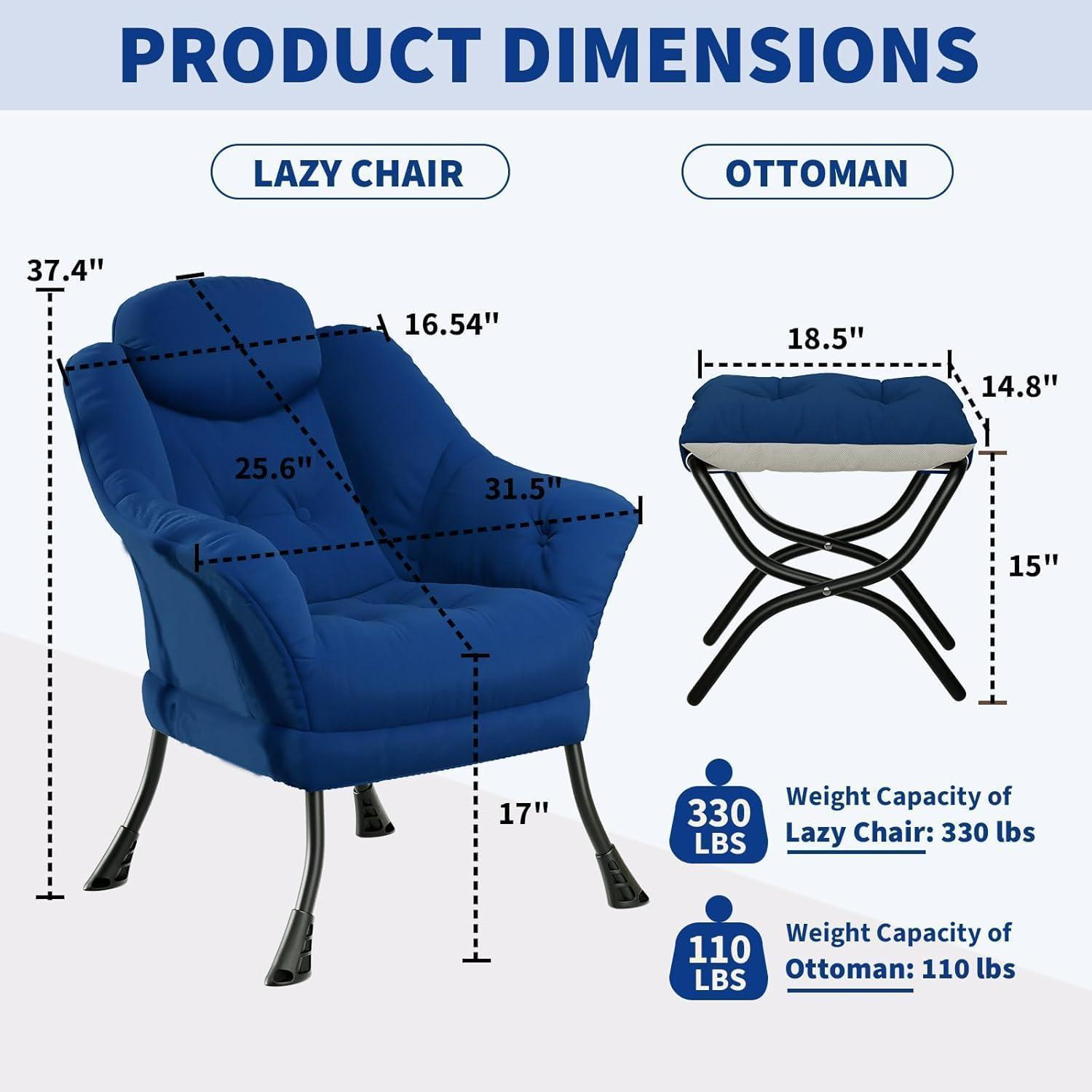 Grafico delle dimensioni del prodotto con poltrona blu e pouf abbinato, con misure e portate.