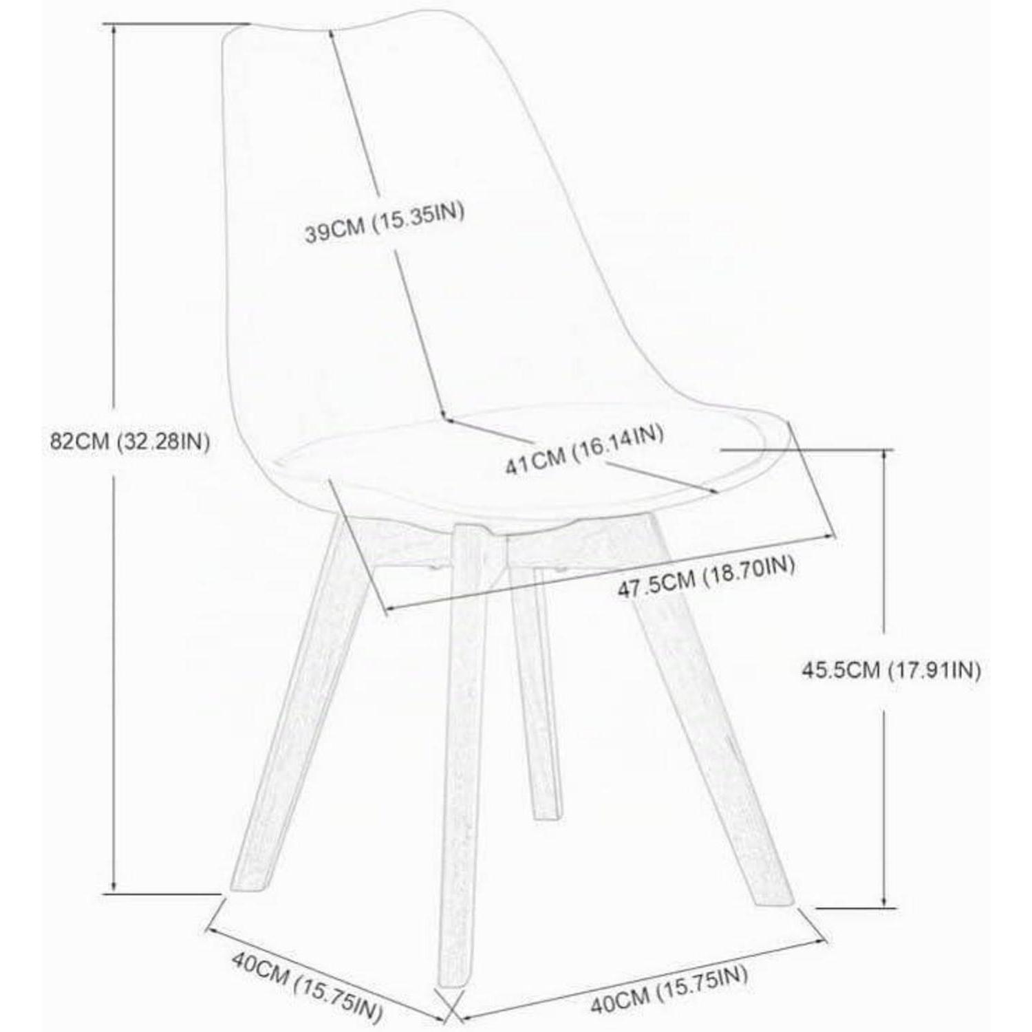 Disegno tecnico di una sedia moderna con dimensioni in centimetri e pollici.
