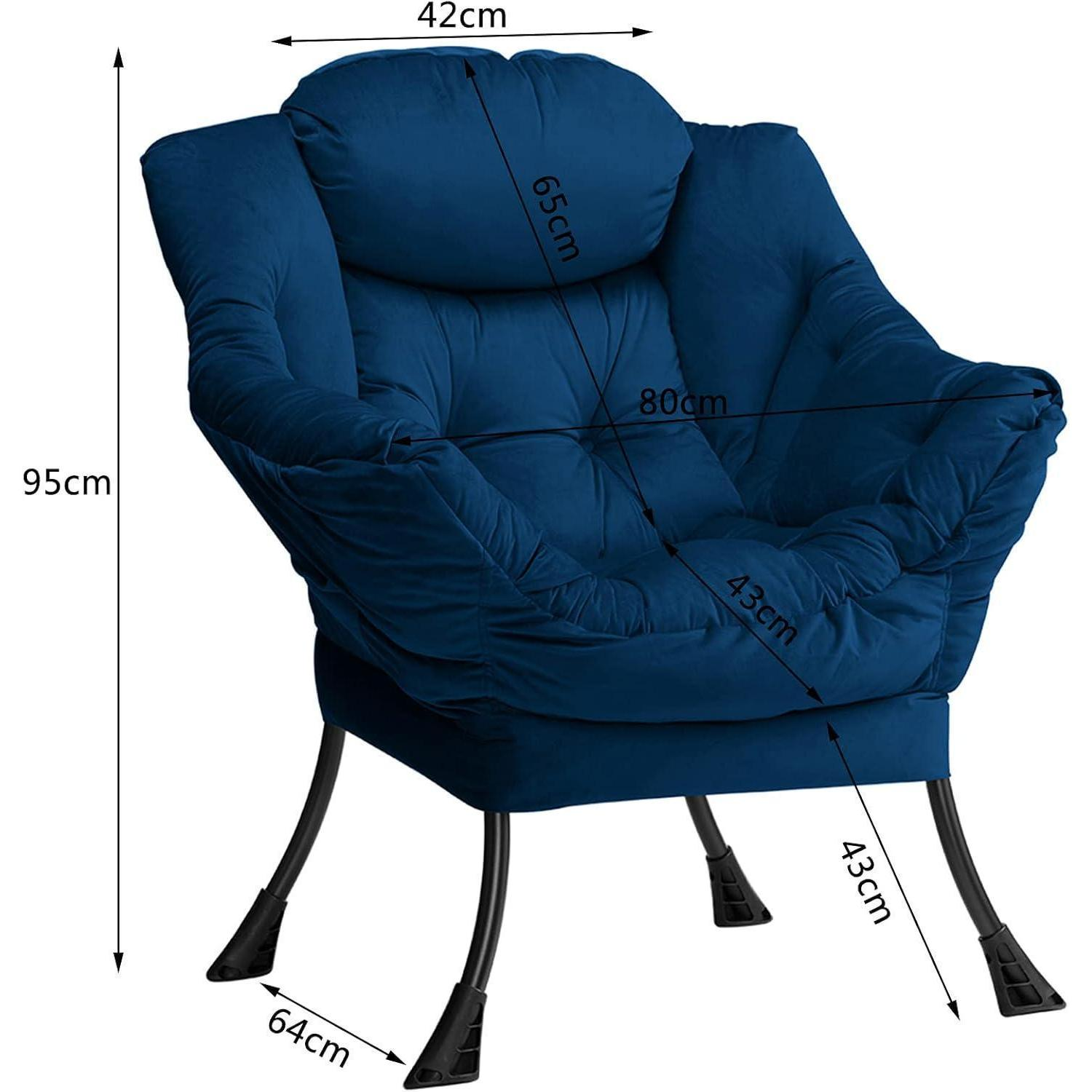 Poltrona imbottita blu con gambe in metallo nero e quote dimensionali.