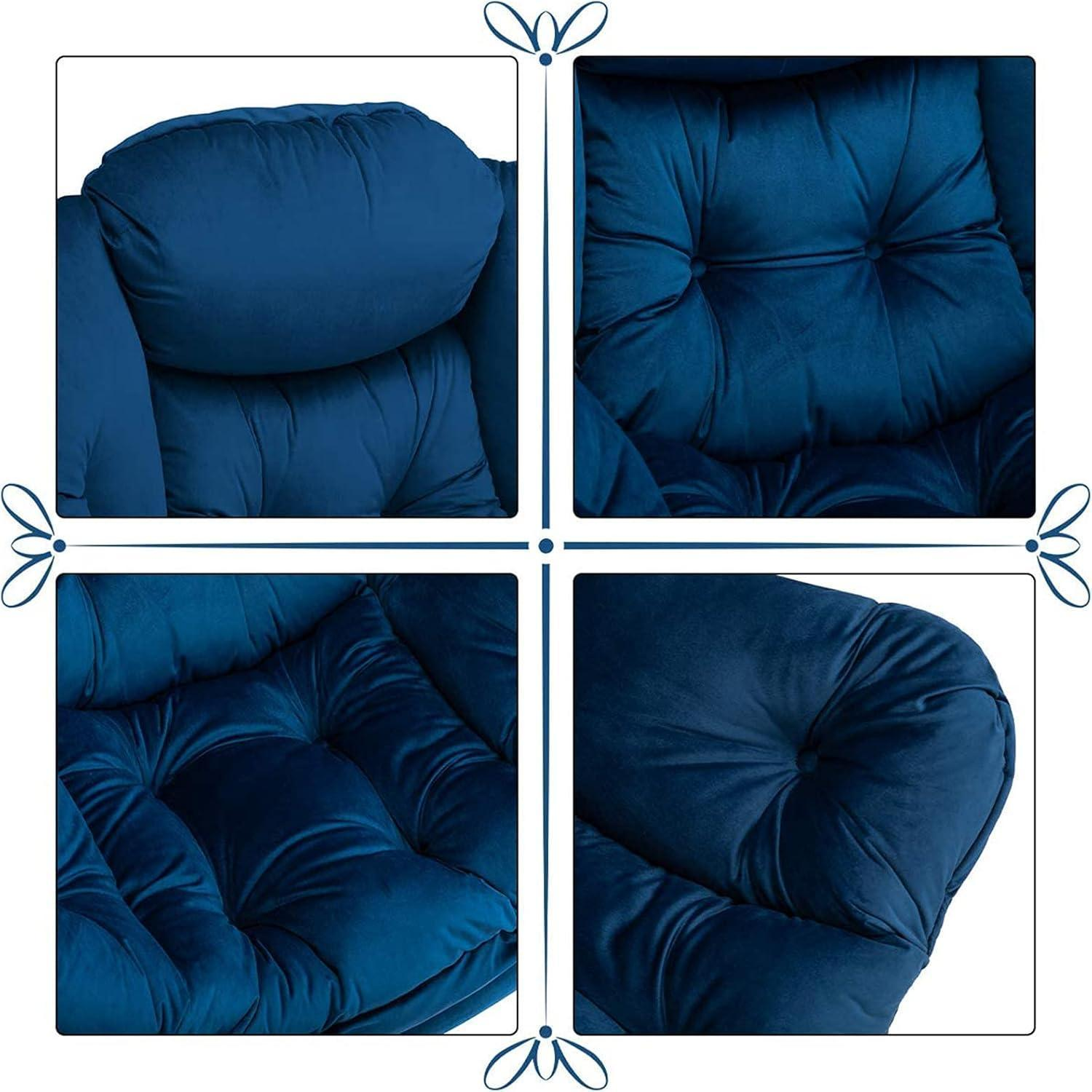 Quattro primi piani di una poltrona in velluto blu con imbottitura e bottoni.