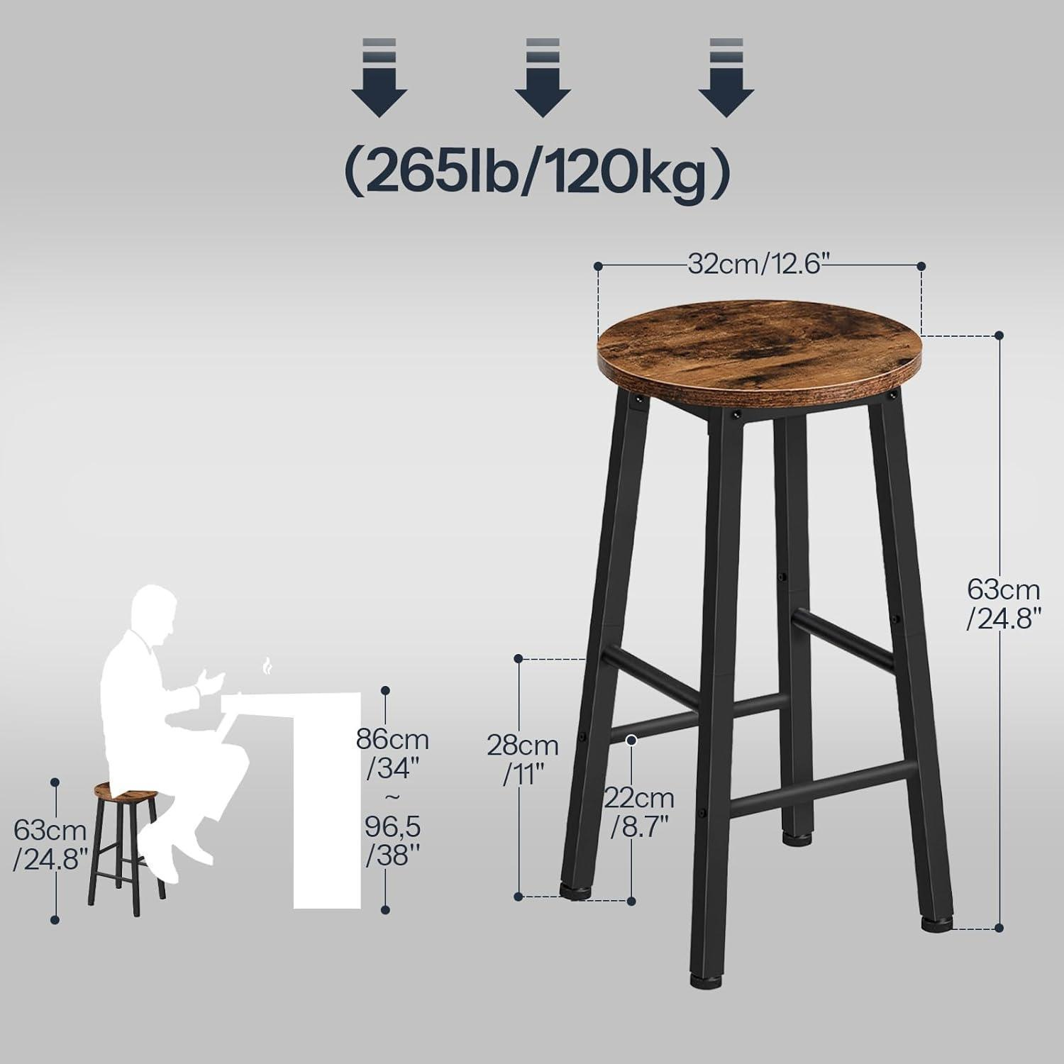 Diagramma che mostra uno sgabello da bar in legno e metallo con dimensioni e capacità di peso.