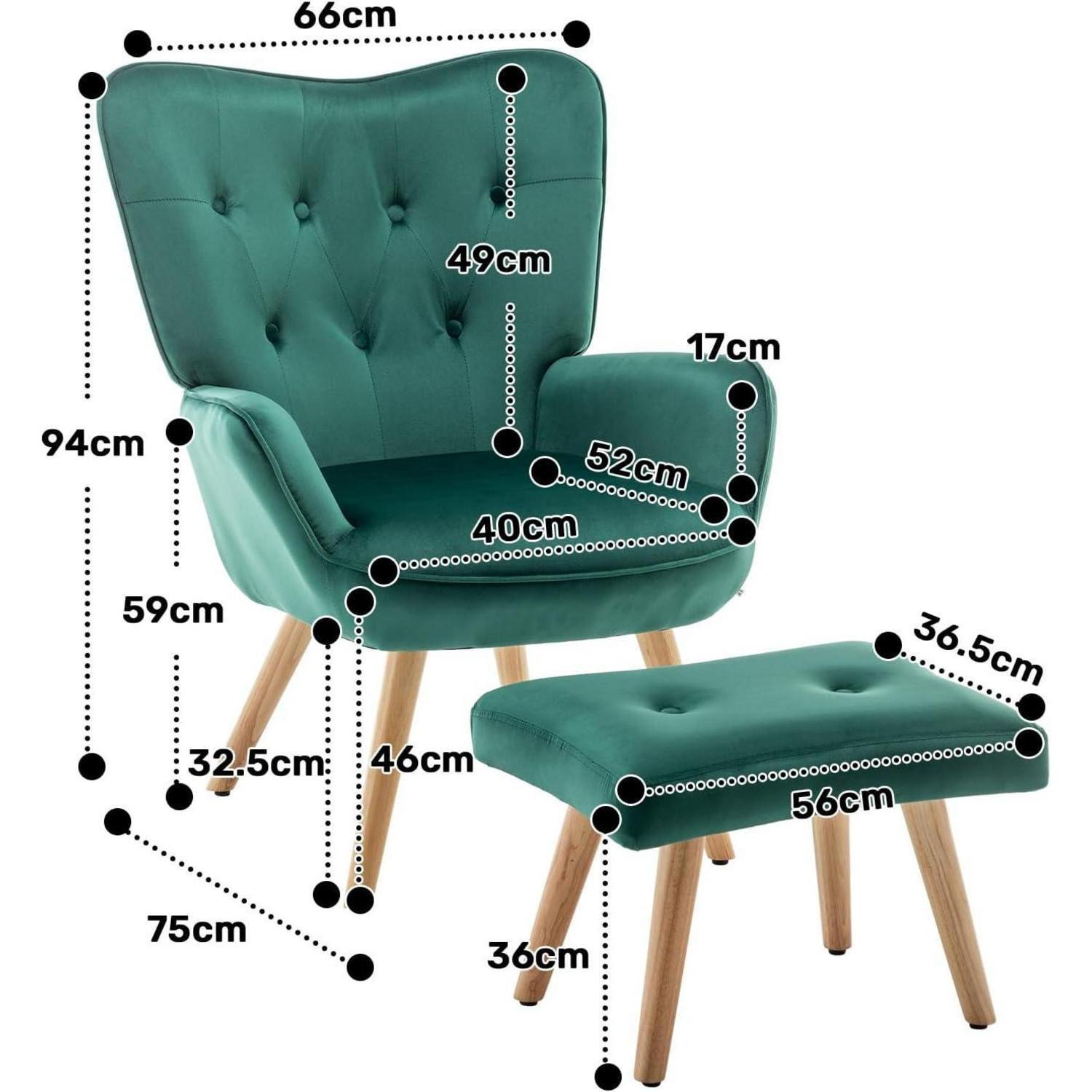 Poltrona in velluto verde e poggiapiedi con misure in centimetri su sfondo bianco.