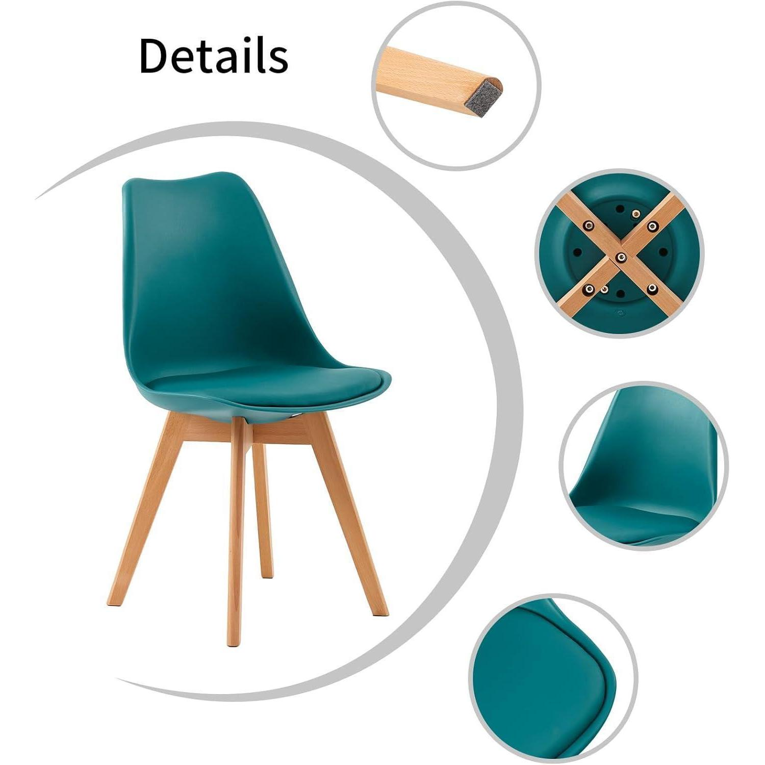 Sedia verde con gambe in legno, primi piani di seduta, gambe e parte inferiore.