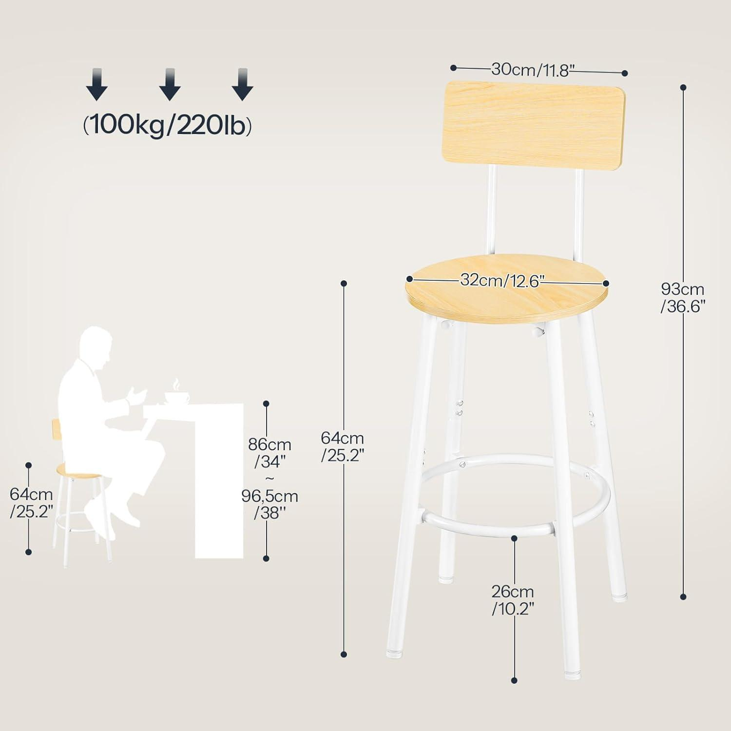 Diagramma con dimensioni e limite di peso di 100kg di uno sgabello da bar bianco con seduta e schienale in legno.