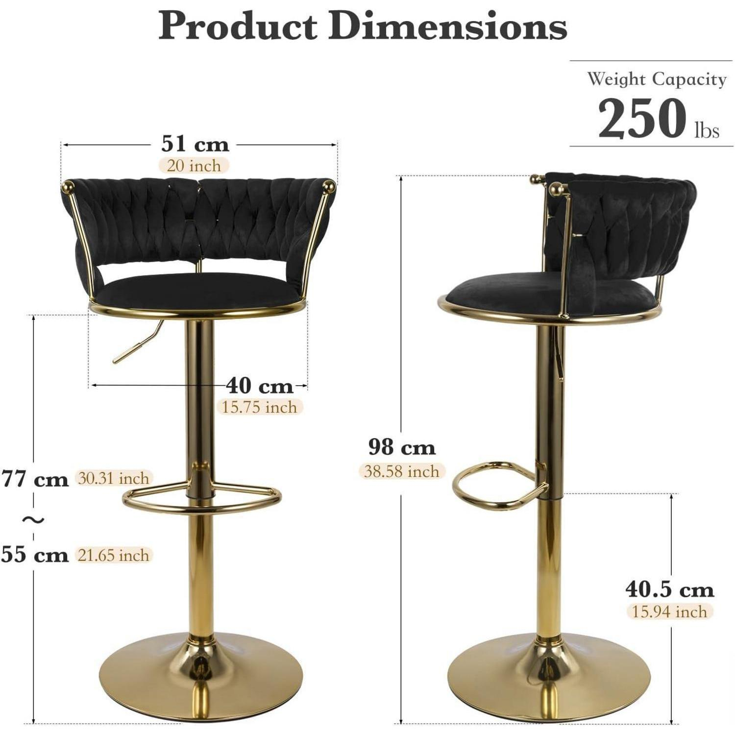 Il diagramma mostra le dimensioni del prodotto e una capacità di peso di 250 libbre per uno sgabello da bar nero con struttura dorata.