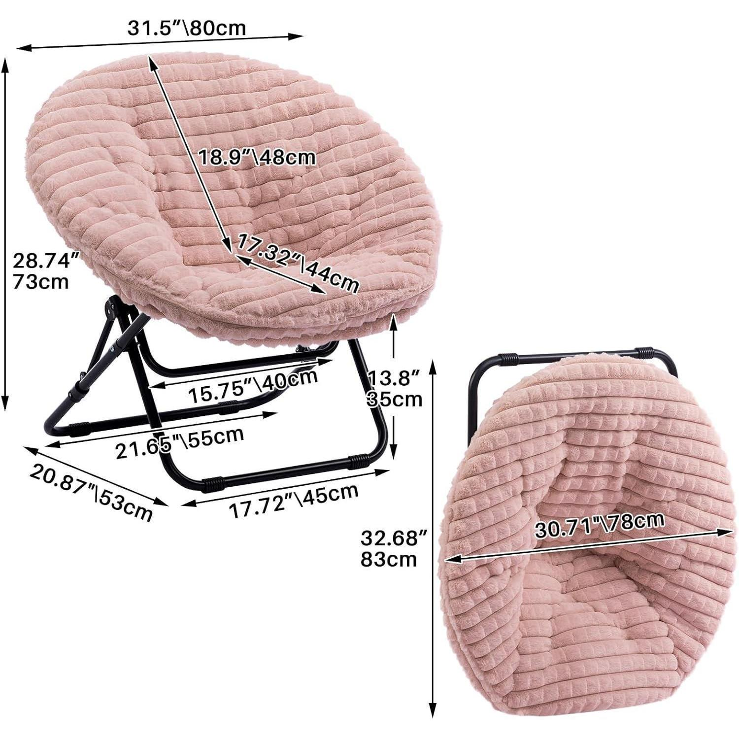 Sedia pieghevole rotonda rosa con struttura in metallo nero e dimensioni su sfondo bianco.