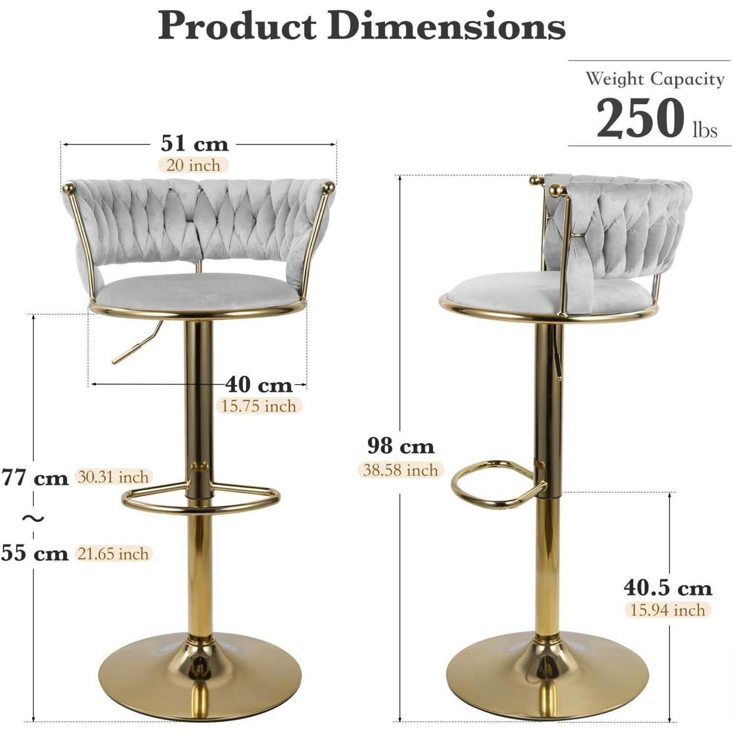 Dimensioni del prodotto di uno sgabello da bar grigio con struttura in metallo dorato e portata di 250 libbre.