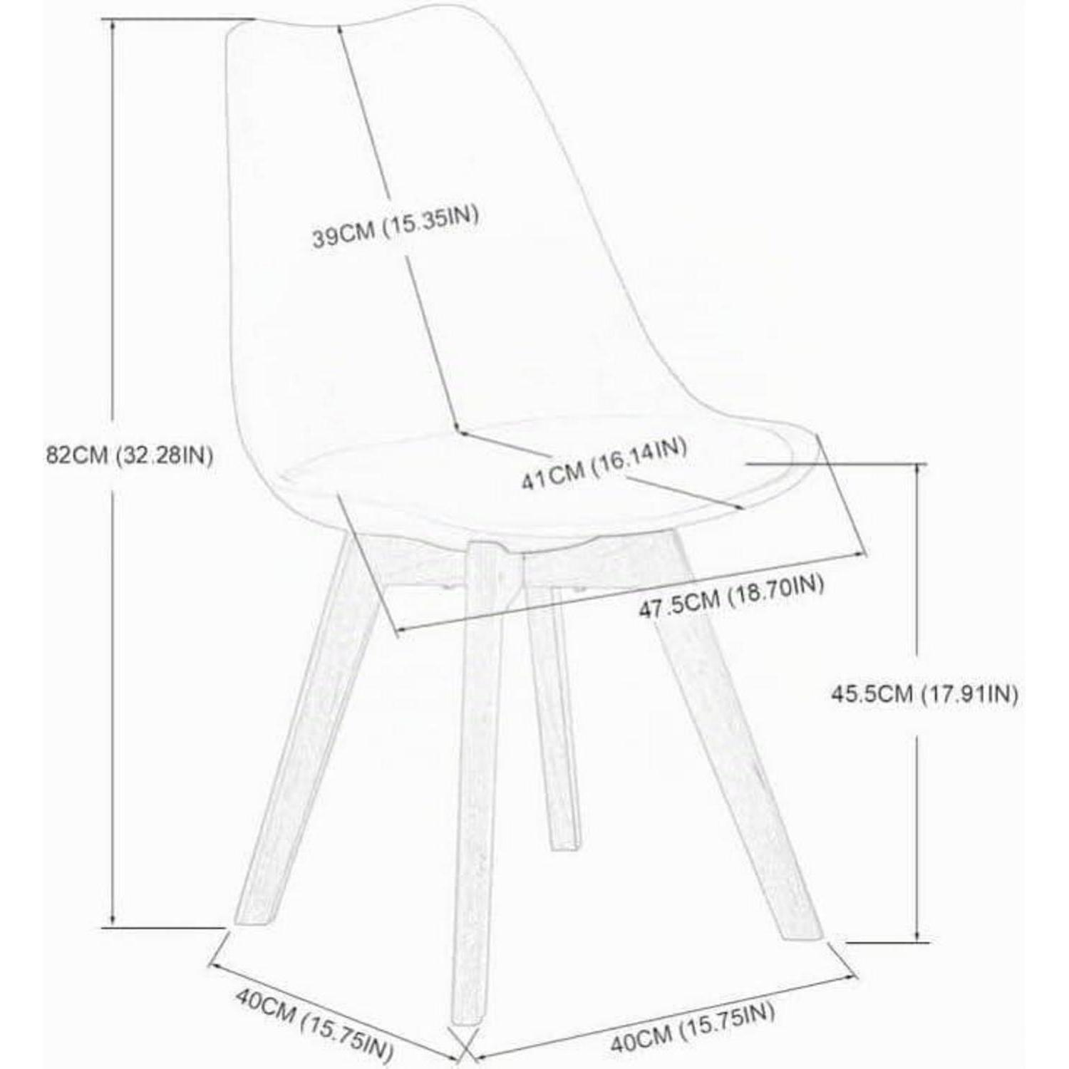 Disegno al tratto di una sedia con misure dimensionali in centimetri e pollici.