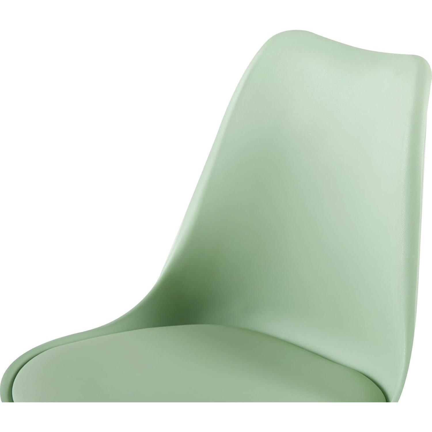 Primo piano dello schienale e della seduta verde menta di una sedia moderna su sfondo bianco.