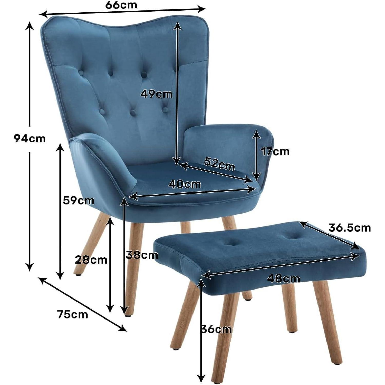 Poltrona in velluto blu con poggiapiedi e dimensioni.