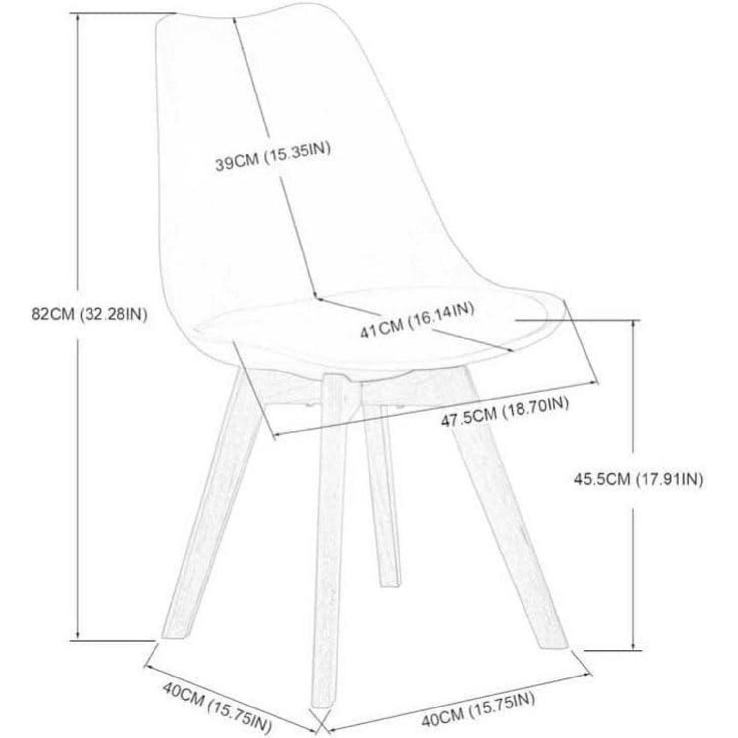 Disegno al tratto di una sedia moderna con misure dimensionali in centimetri e pollici.
