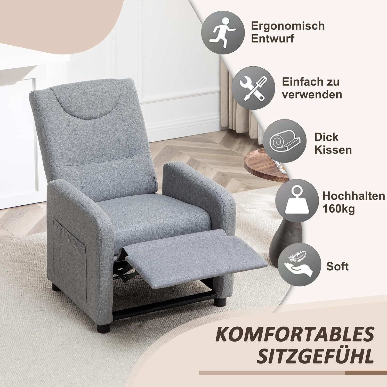 Una poltrona grigia con poggiapiedi e icone che evidenziano design ergonomico, facilità d'uso e comfort.