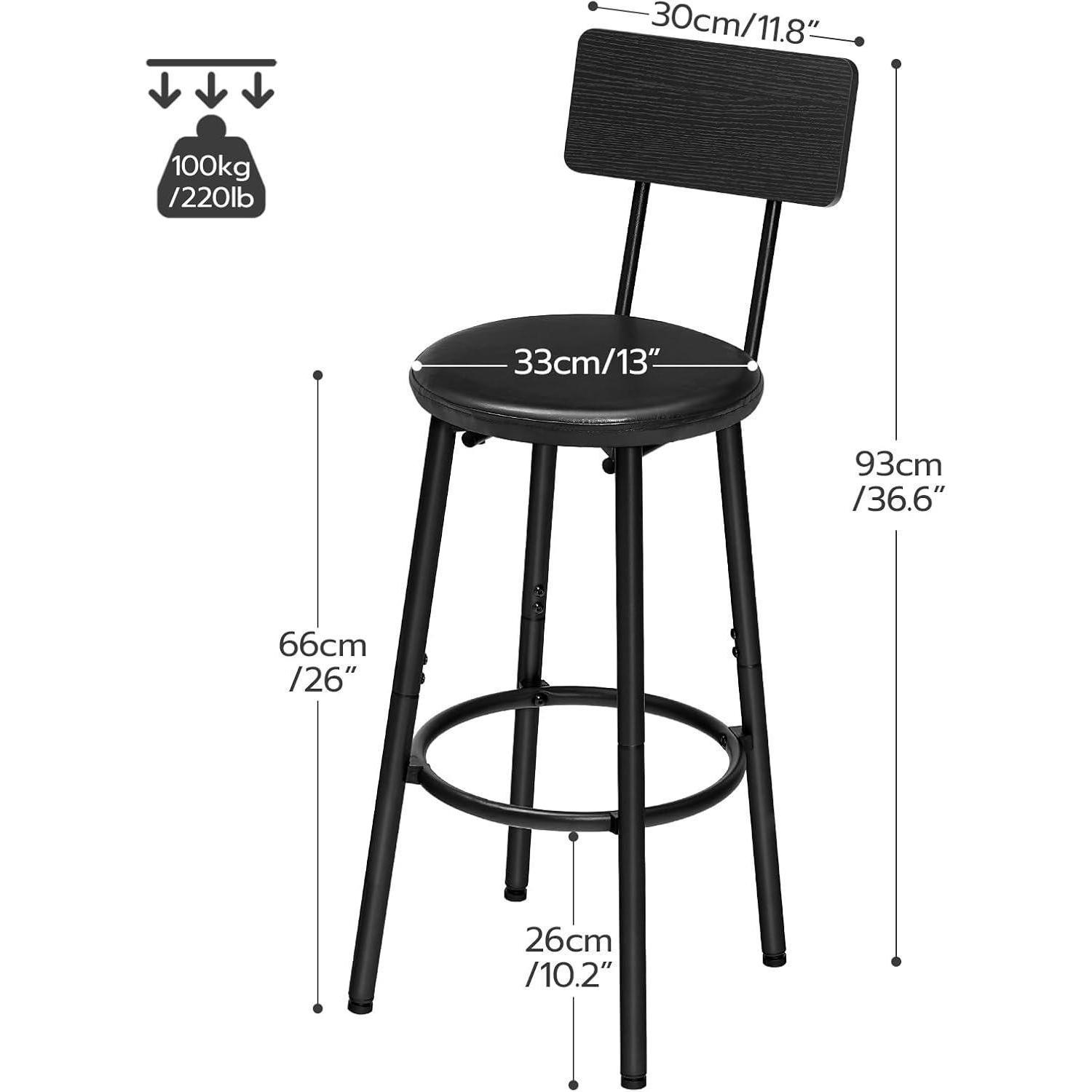 Un sgabello da bar nero con dimensioni e portata di 100 kg.