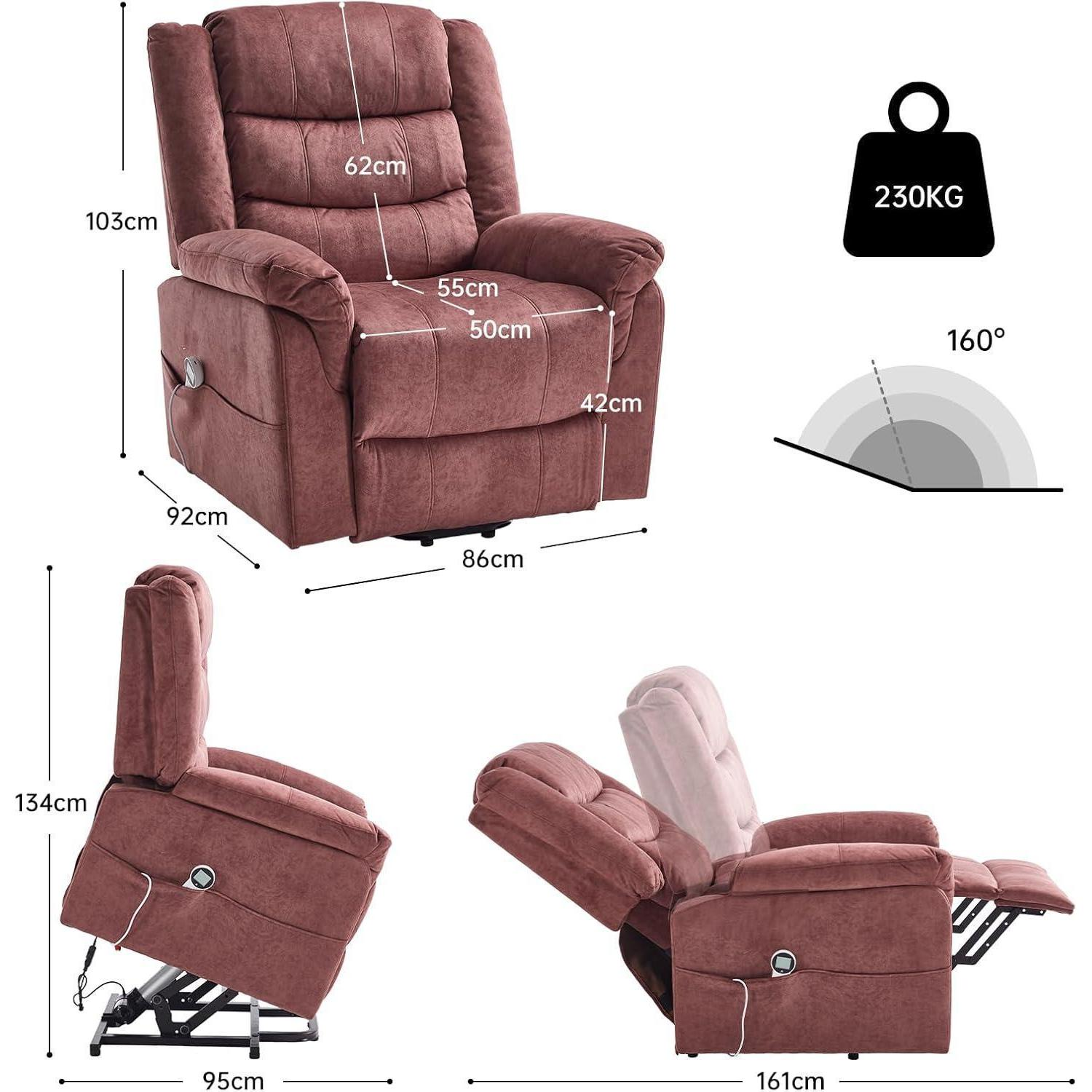 Poltrona rosa con dimensioni, capacità di carico di 230 kg e funzione reclinabile.