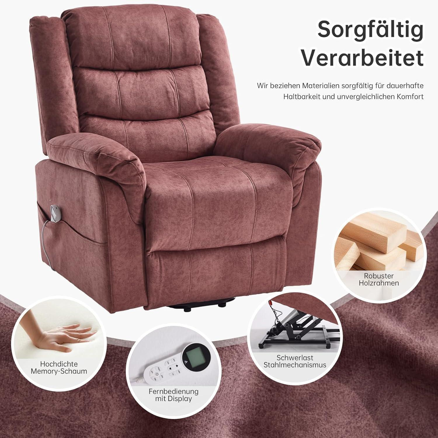 Una poltrona reclinabile malva con inserti che mostrano struttura in legno, memory foam, telecomando e meccanismo.