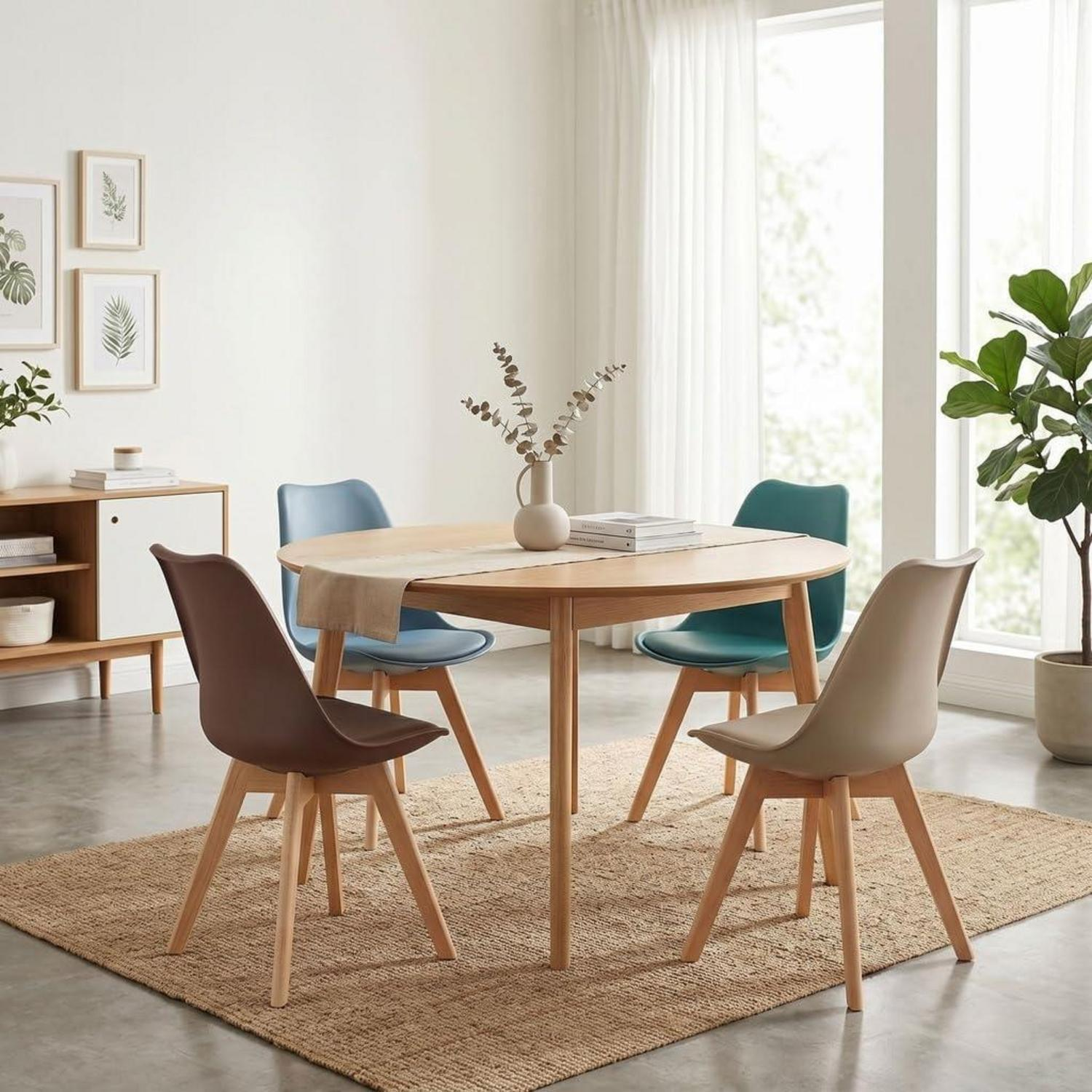 Una luminosa zona pranzo con tavolo in legno e quattro sedie colorate su un tappeto.