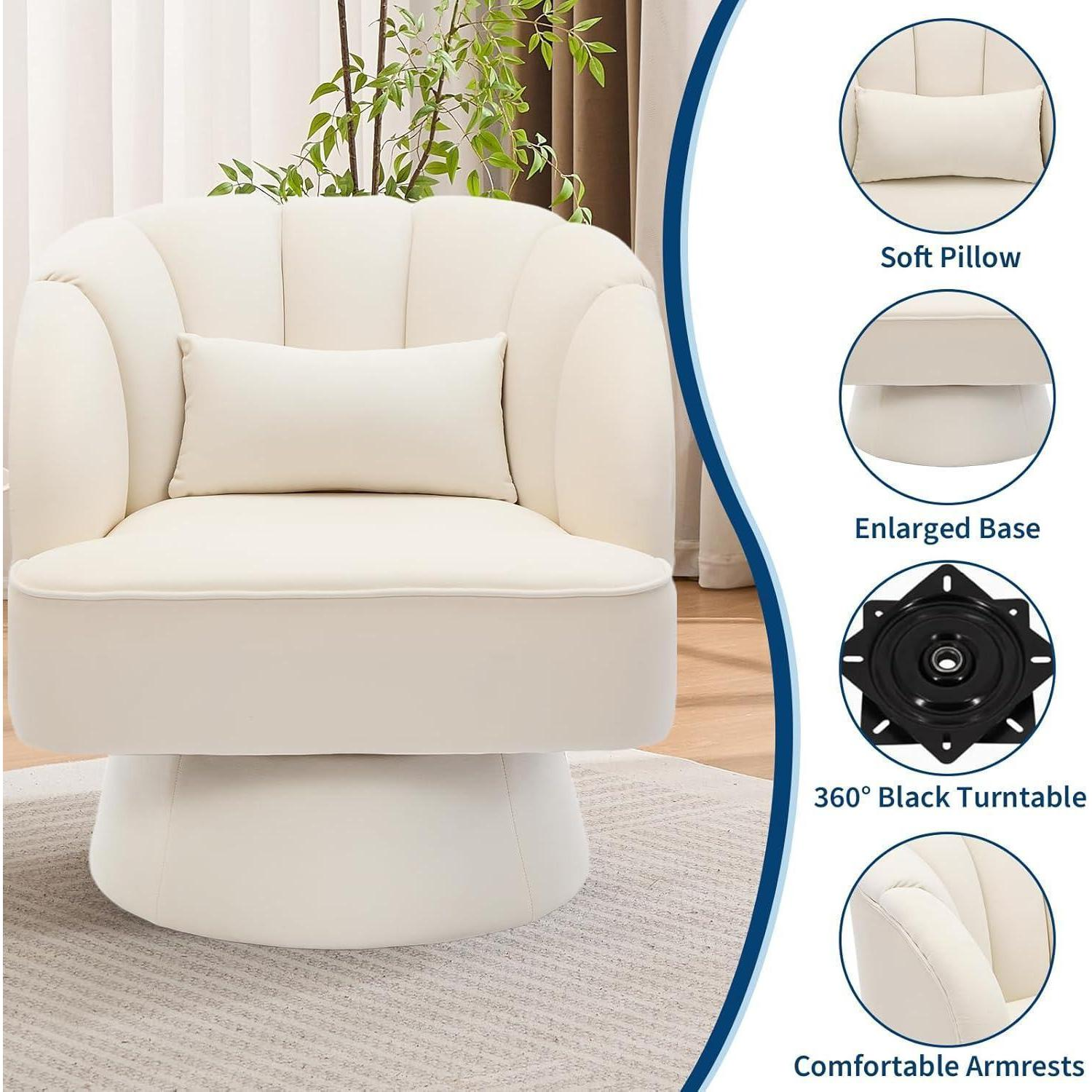 Poltrona girevole beige con cuscino, base ampia e braccioli.