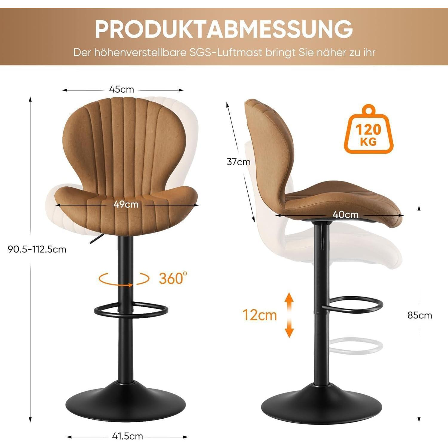 Diagramma che mostra le dimensioni di uno sgabello da bar marrone con base in metallo nero.