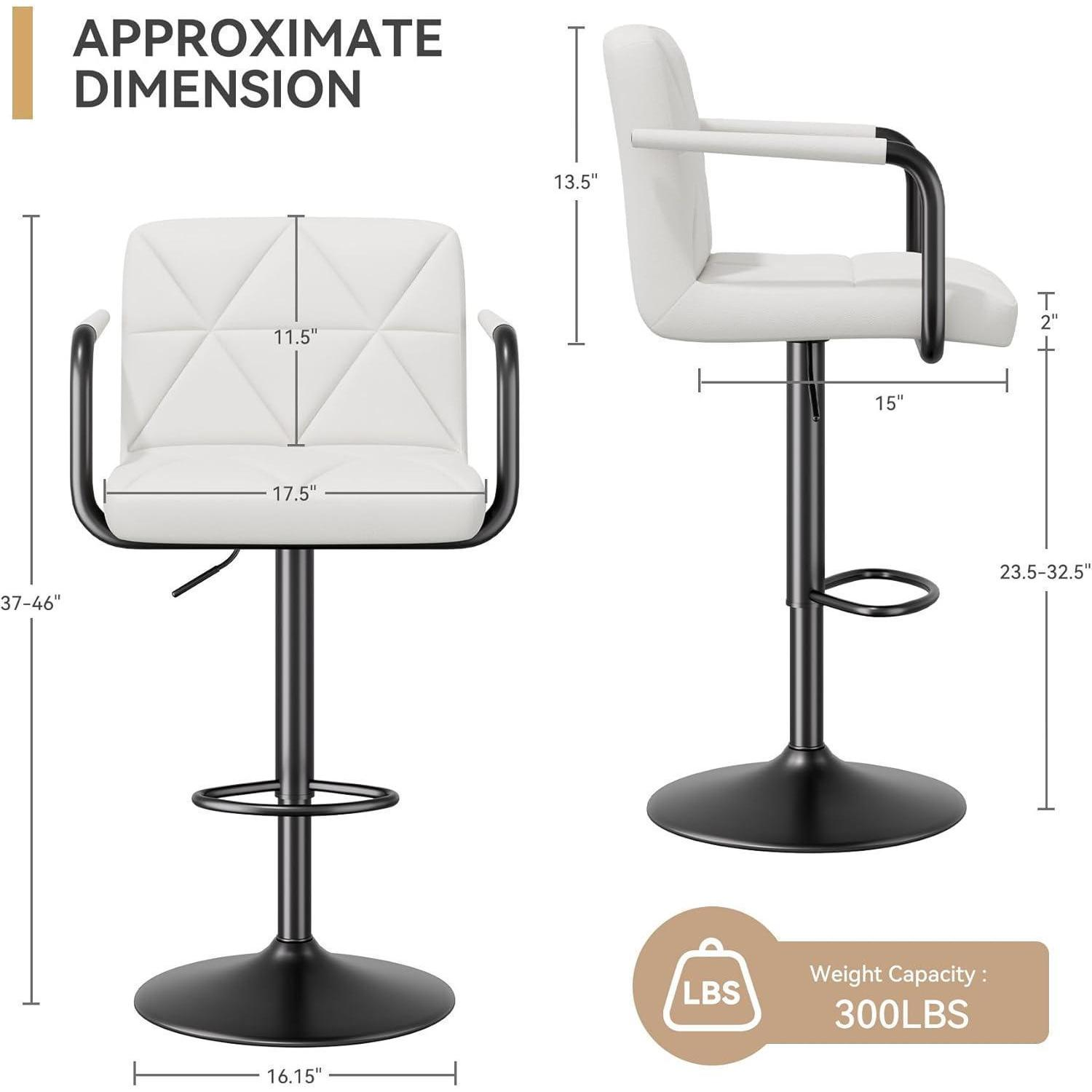 Disegno tecnico di un moderno sgabello da bar bianco regolabile con base in metallo nero, dimensioni e capacità di 300 libbre.