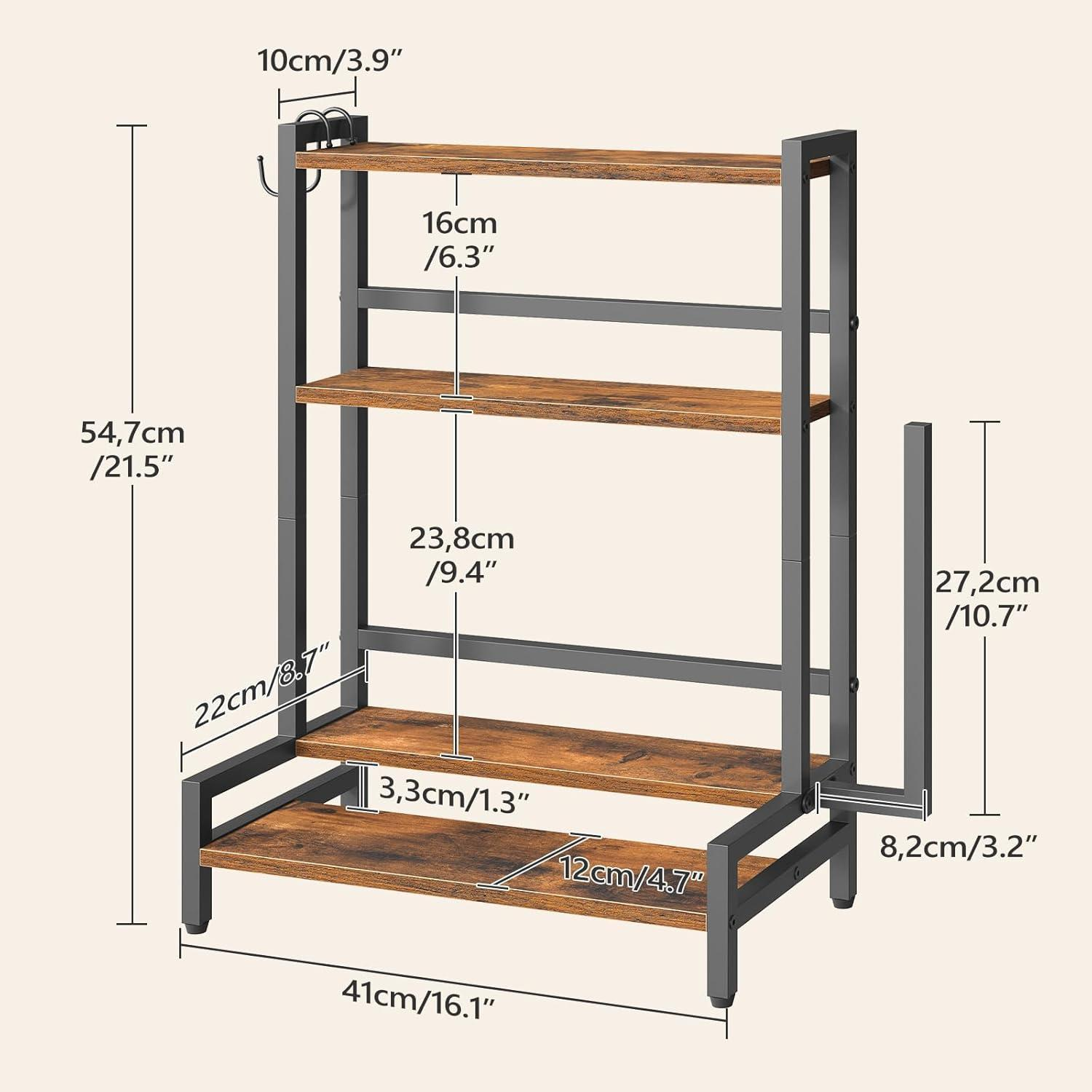 Disegno tecnico di un piccolo scaffale in legno con struttura in metallo e varie dimensioni.