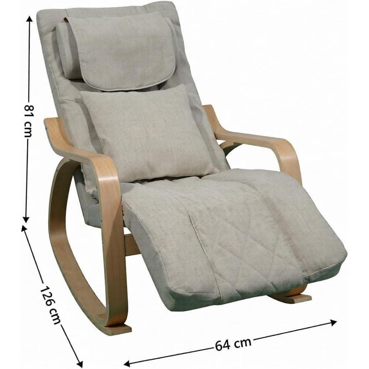 Sedia a dondolo beige con braccioli in legno e dimensioni.