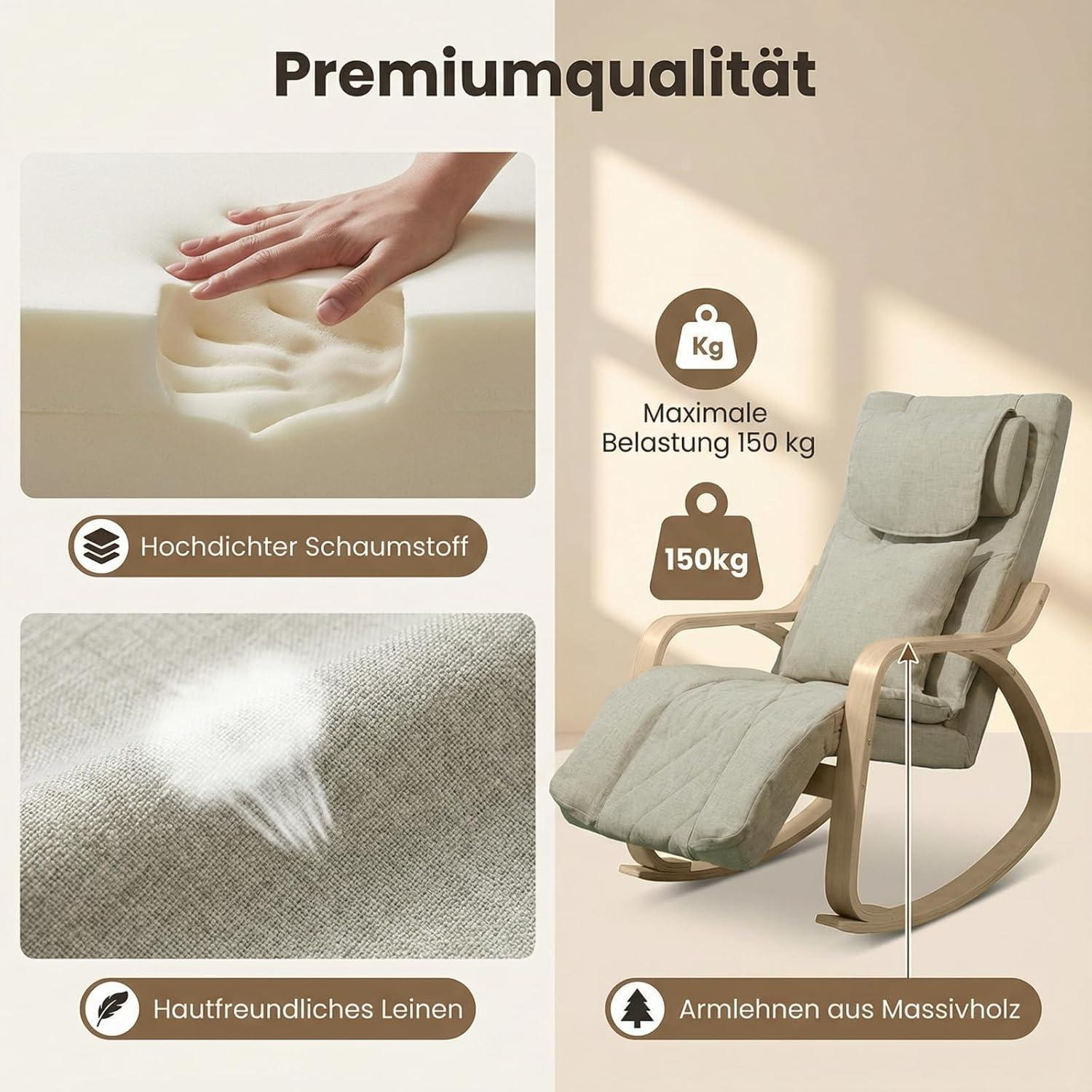 Una sedia a dondolo beige con braccioli in legno, schiuma ad alta densità e lino delicato sulla pelle, fino a 150 kg.