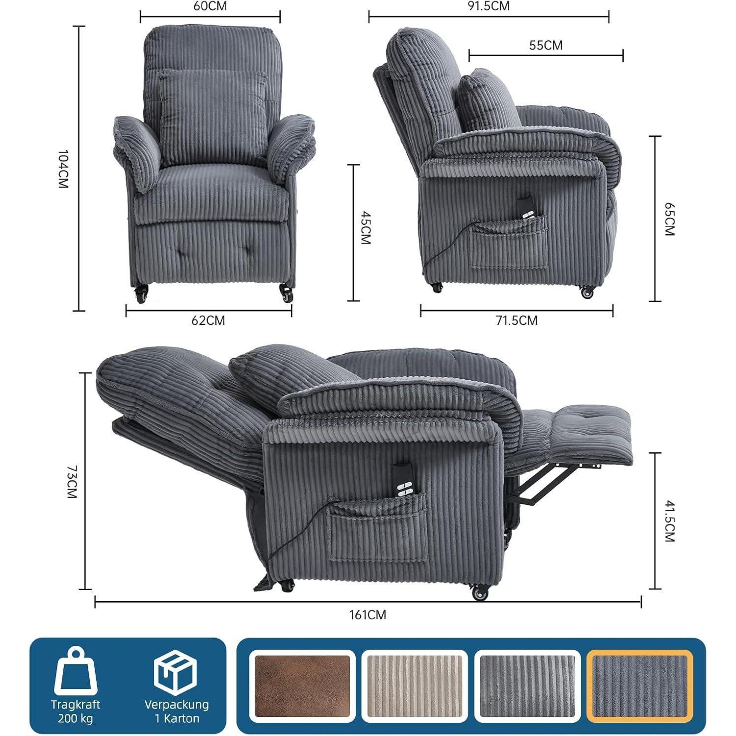Poltrona relax in corduroy grigio con dimensioni, tasca per telecomando e poggiapiedi regolabile da più angolazioni.