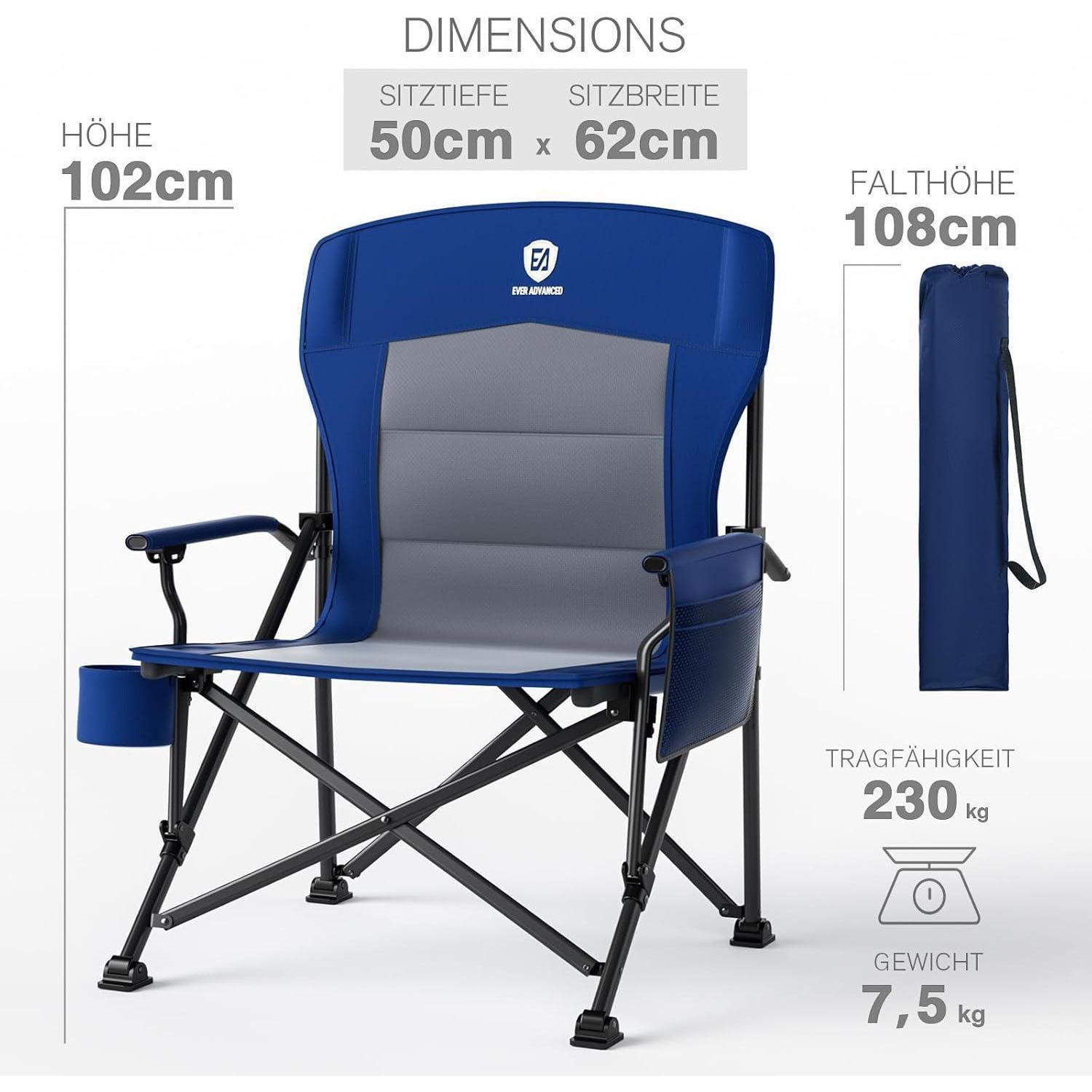 Sedia da campeggio blu e grigia con dimensioni, portata e borsa.