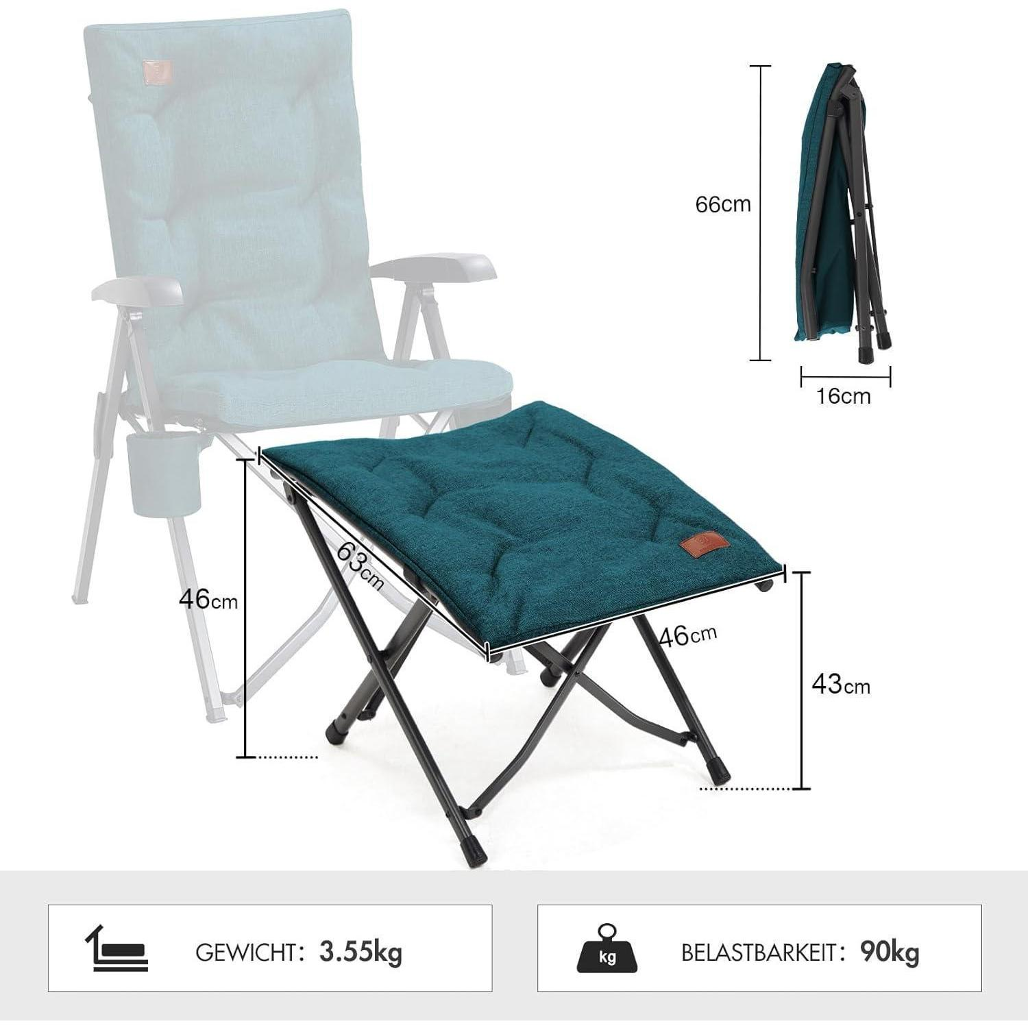 Sgabello pieghevole con dimensioni, peso 3.55kg e capacità 90kg.