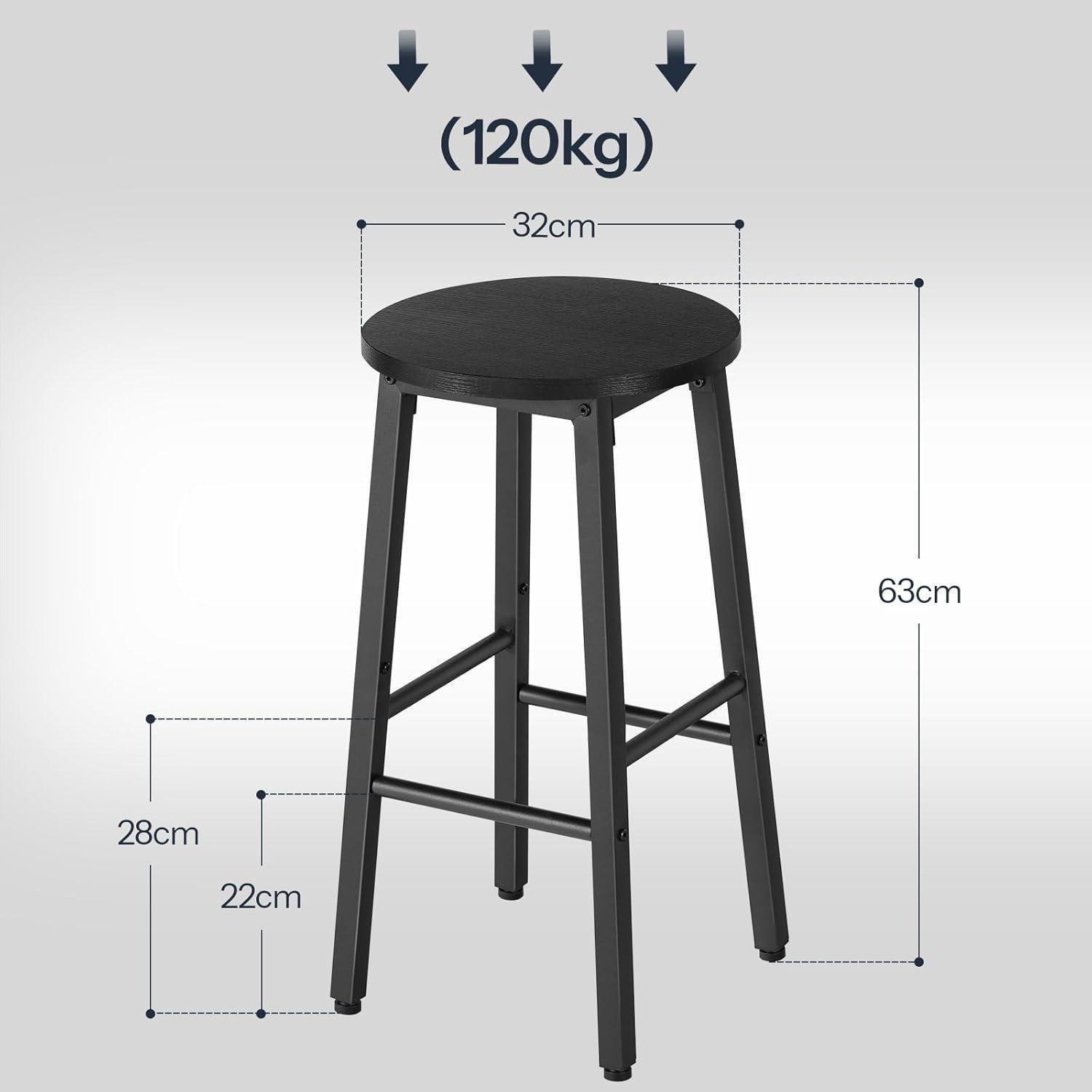 Uno sgabello da bar nero con dimensioni e capacità di 120 kg indicate dalle frecce.