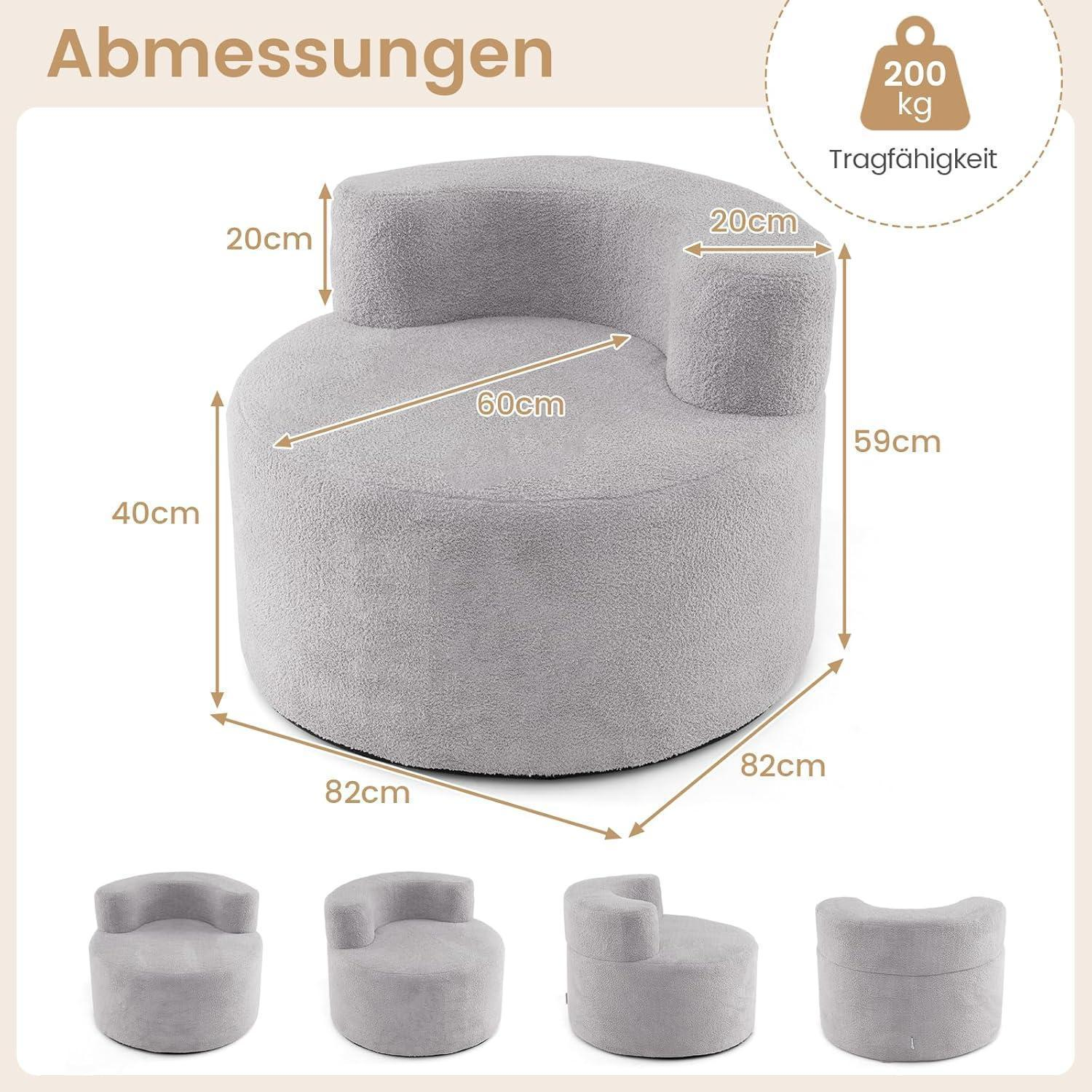 Poltrona grigia in tessuto teddy con dimensioni: larghezza 82cm, altezza 59cm.