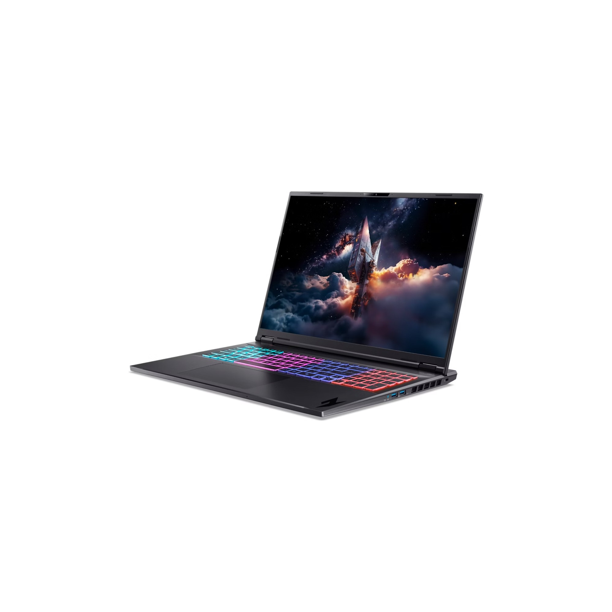 Canlı RGB arkadan aydınlatmalı klavyeye sahip siyah bir dizüstü bilgisayar, uzay bulutsusu duvar kağıdı gösteriyor.