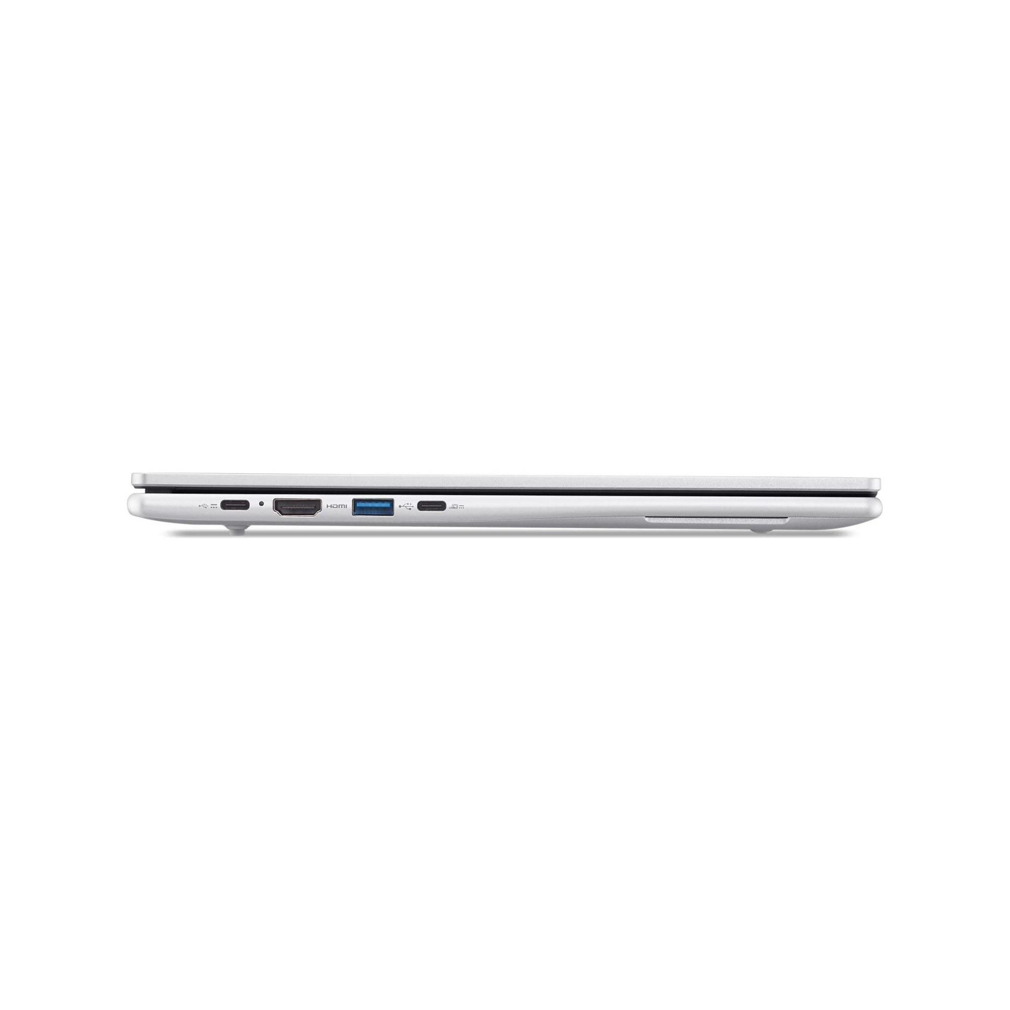 Beyaz arka planda USB, HDMI ve USB-C bağlantı noktalarını gösteren gümüş renkli bir dizüstü bilgisayarın yandışı.