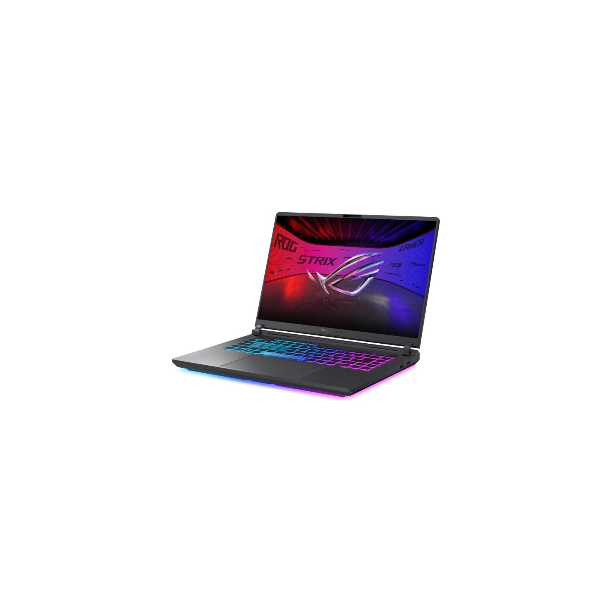 Klavyesinde ve tabanında renkli RGB aydınlatmaya sahip bir ROG Strix oyuncu dizüstü bilgisayarı.