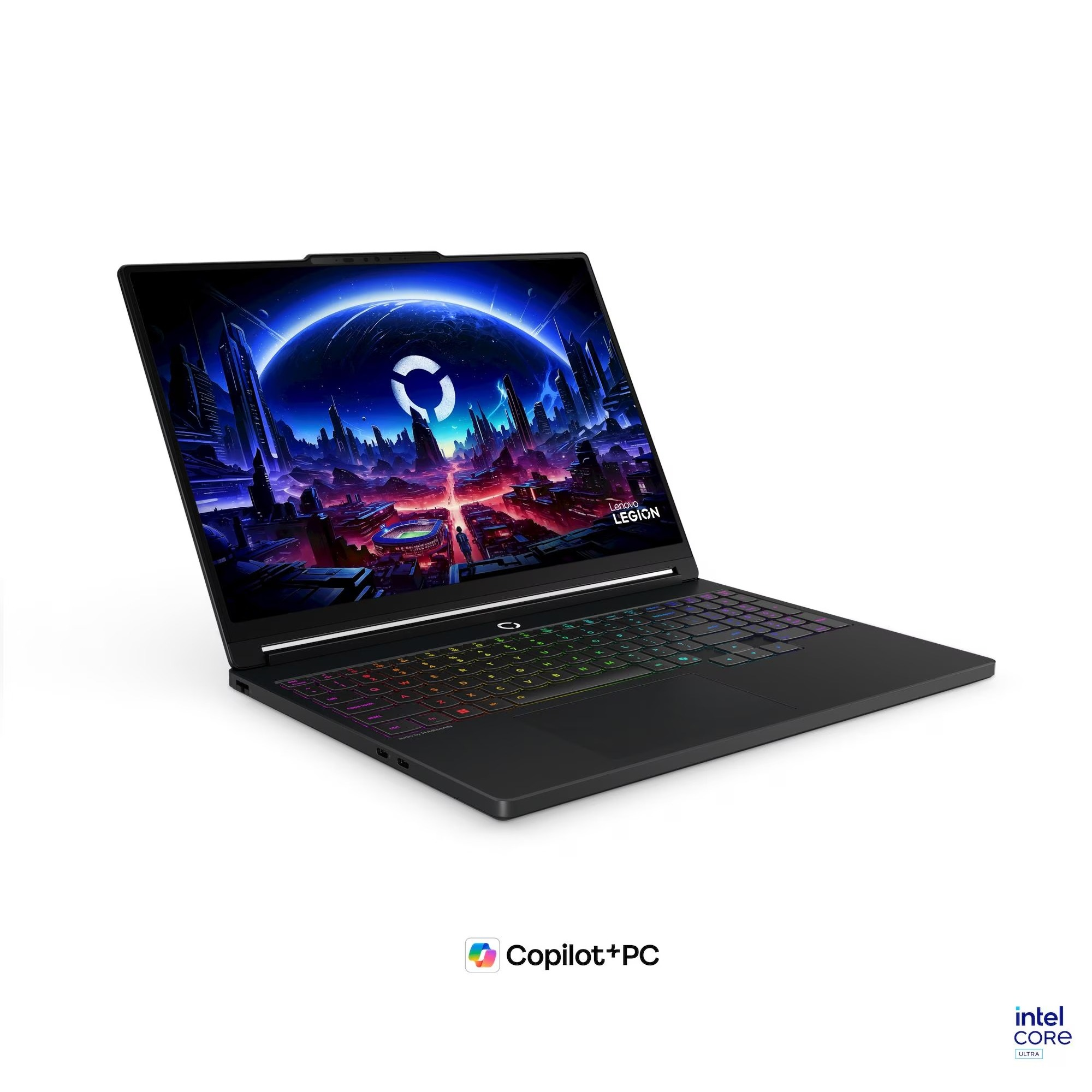 Arkadan aydınlatmalı klavyeye sahip siyah bir Lenovo Legion dizüstü bilgisayar, ekranında fütüristik bir duvar kağıdı gösteriyor.