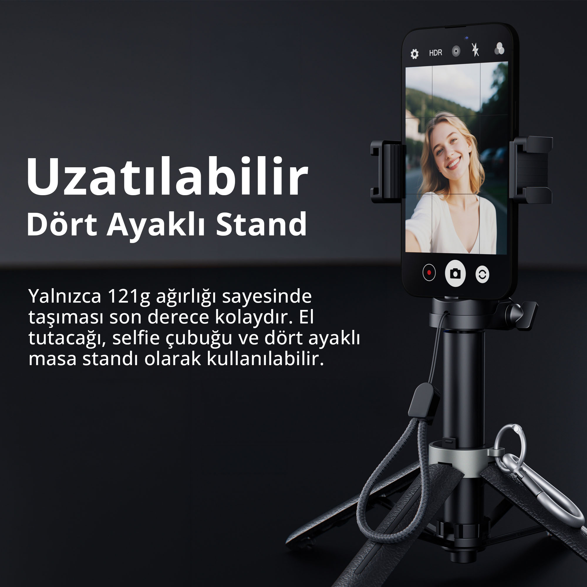 Sol tarafta metin bulunan siyah bir tripod üzerine monte edilmiş akıllı telefon.