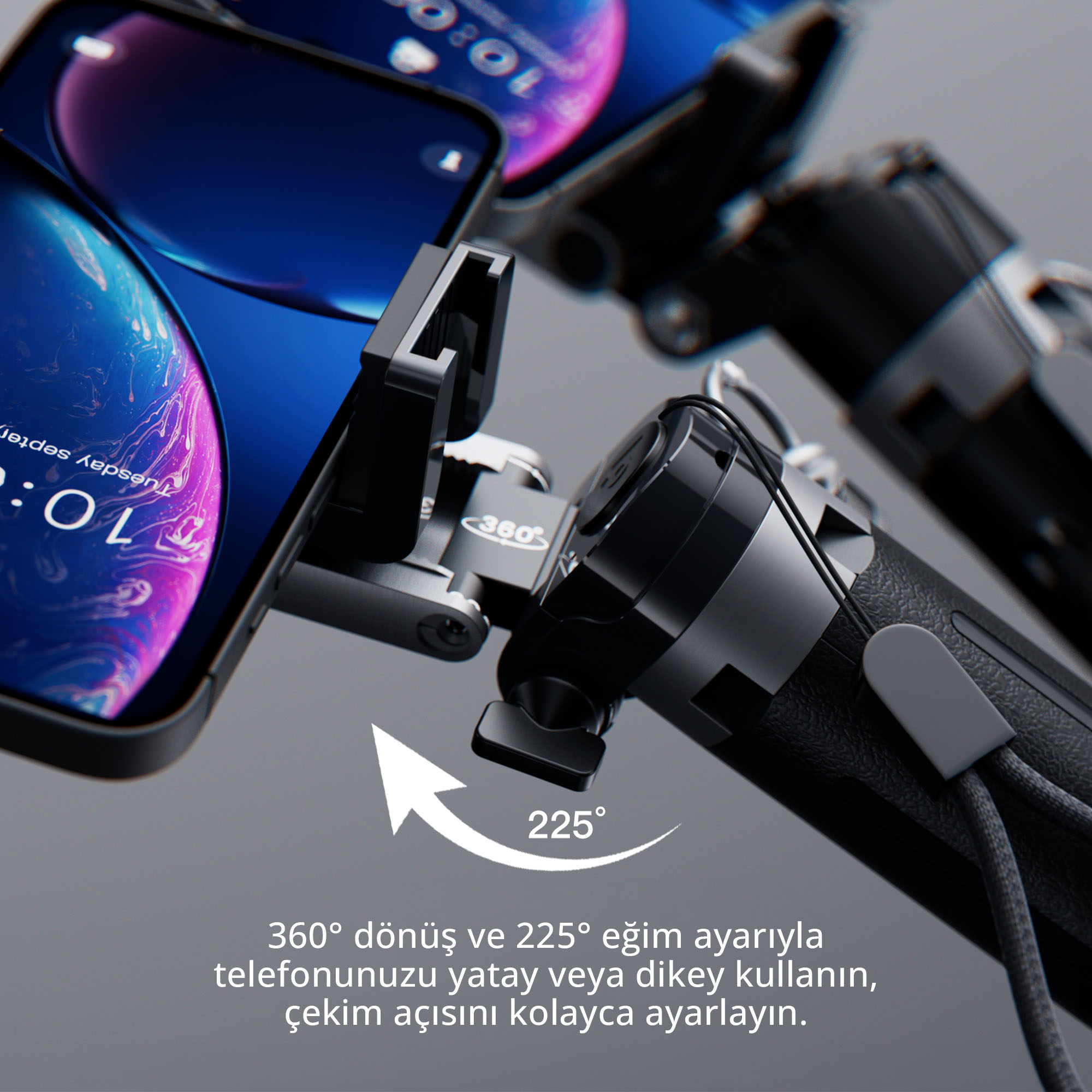 360 derece dönüş ve 225 derece eğim ayarlı ayarlanabilir tutucudaki akıllı telefon.